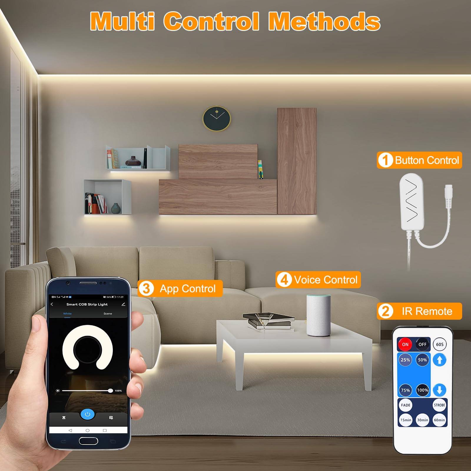 Tatazone - Tira de luz LED COB blanca inteligente con aplicación y control remoto, 16.5 pies 3000 K, luz blanca cálida WiFi COB, funciona con Alexa Google, luces LED COB regulables para interiores,
