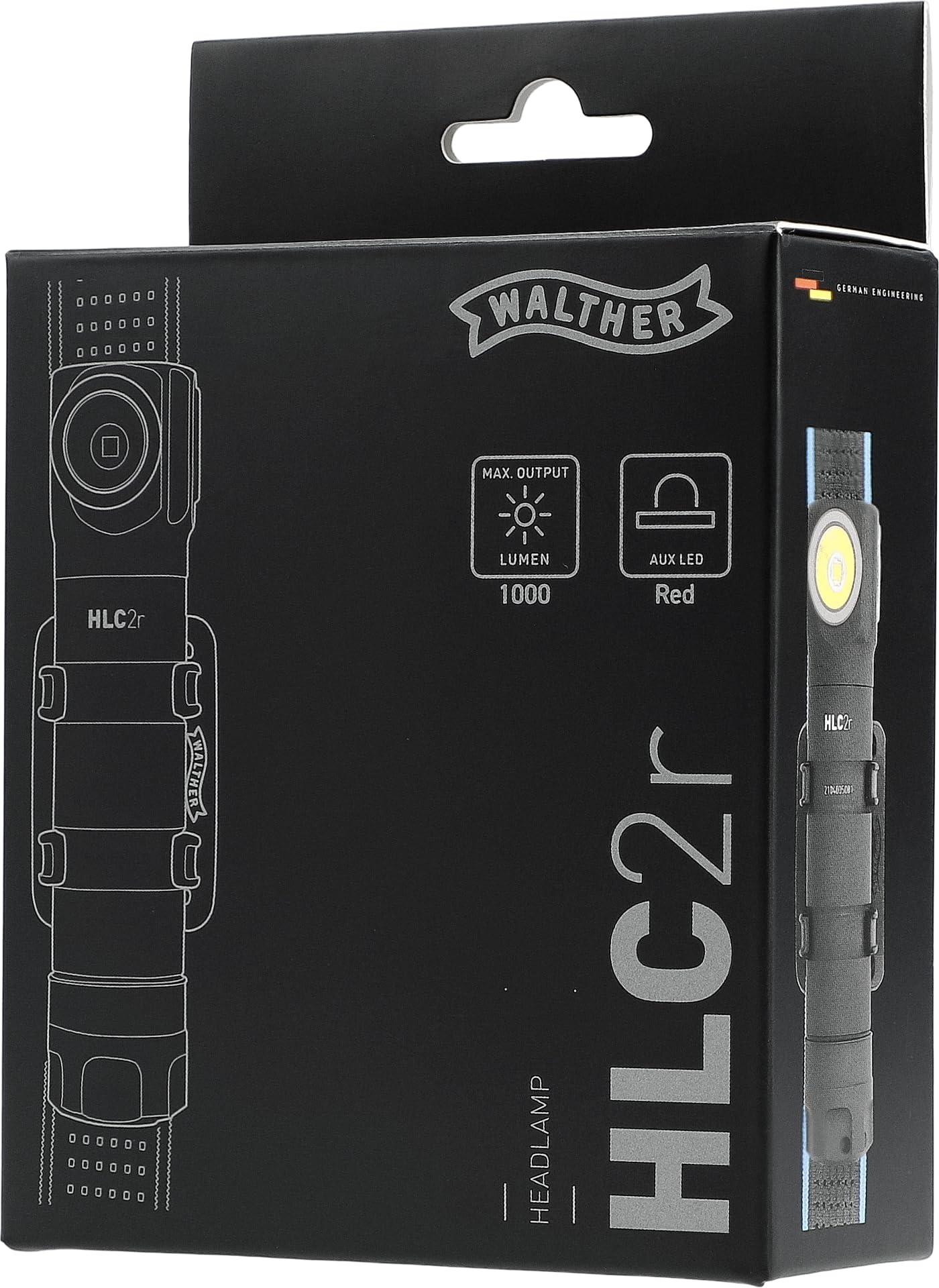 Walther HLC2r Lampe frontale rechargeable USB IPX6 étanche avec batterie 18350, câble de charge, clip MOLLE, dragonne et joint de rechange