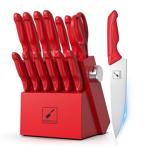 imarku Knife Set with Block, Sharp Knife Set with Built-in Sharpener, Japanese Stainless Steel Kitchen Knife Set with Non-Slip Ergonomic Handle, Dishwasher Safe, Best Holiday Gifts, 14 PCS, Red - Red