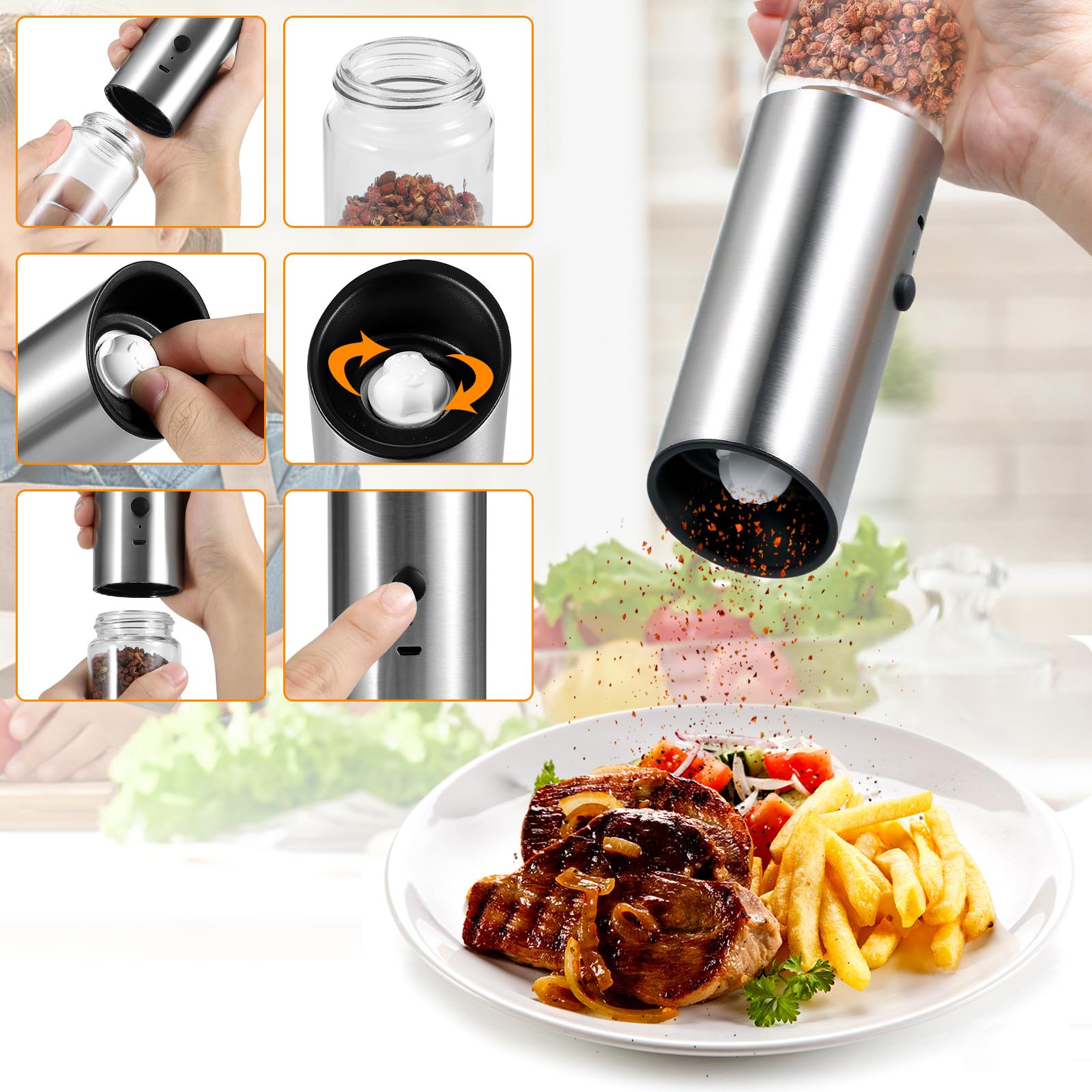 iplusmile Elektrische Pfeffermühle aus Edelstahl Verstellbarer Mahlgrad mit USB Aufladung und Einhändiger Bedienung für Salz und Gewürze für Camping und Picknick