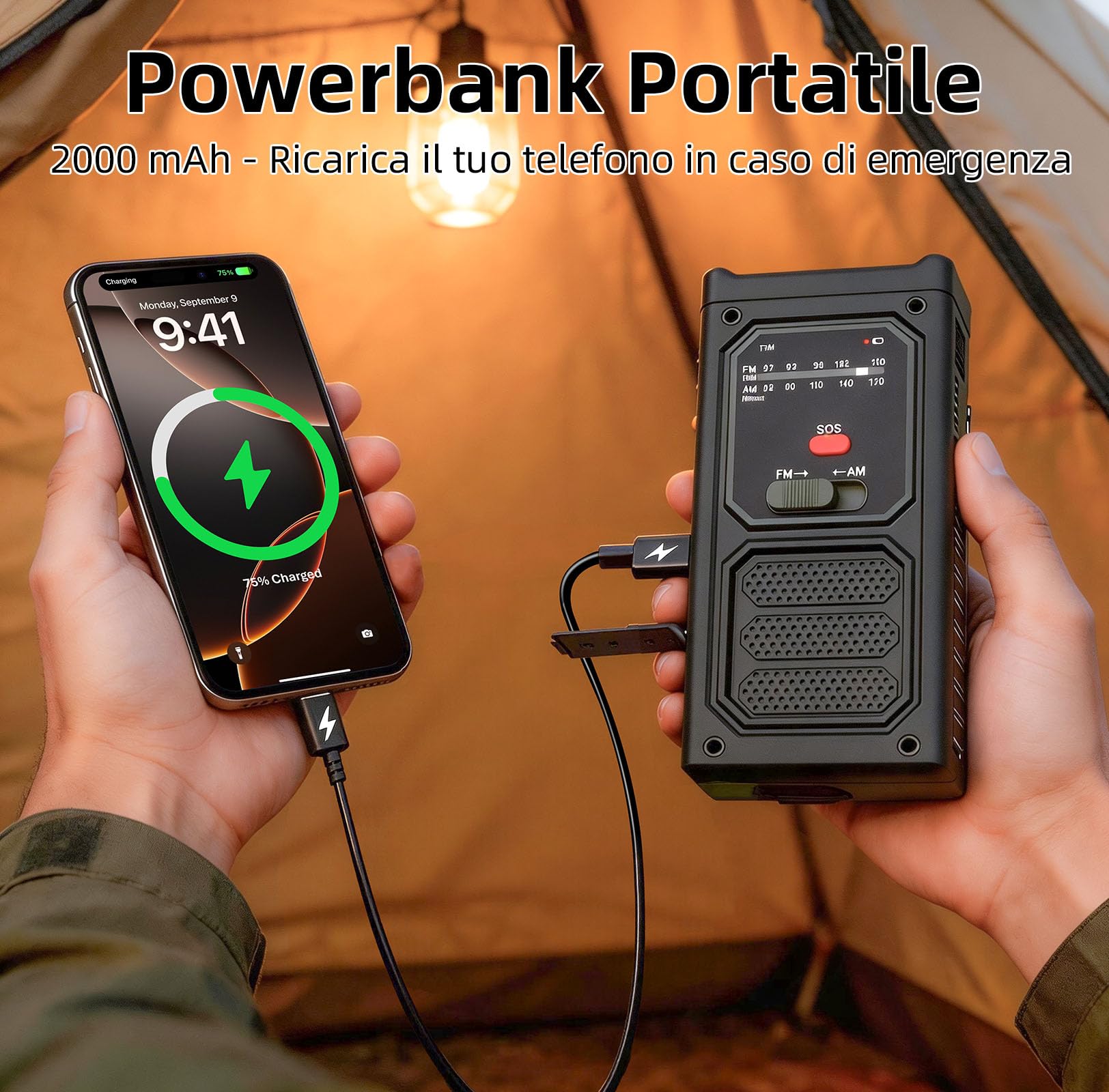Radiolina a Manovella, AM/FM Solar Raio con Torcia LED, Allarme SOS, Radio di Emergenza Portatile con Batteria Ricaricabile da 2000 mAh per Ourdoor Campeggio Emergenza, Nero