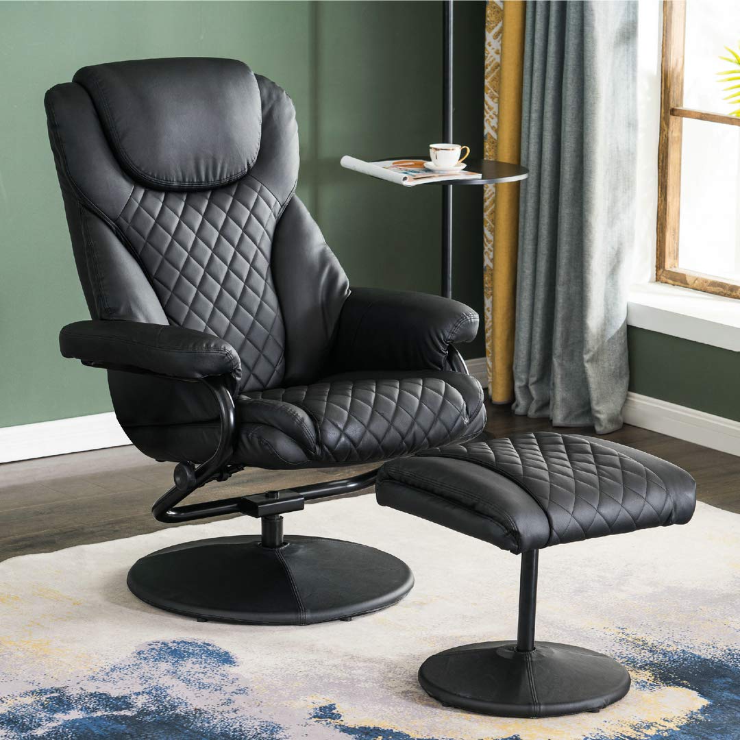 Fauteuil Relax Avec Pouf Pivotant 360° - Similicuir Noir - Inclinable 140° - Maximum 130kg