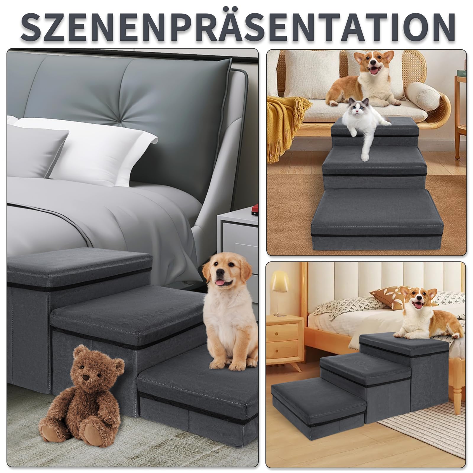 OUUTMEE Escalera para mascotas, 3 peldaños, escalera para perros plegable con espacio de almacenamiento, escalera para perros para camas, sofás, escaleras para gatos viejos, perros, capacidad de carga