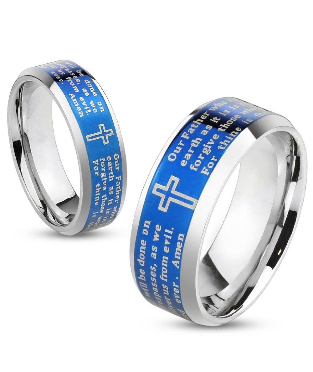 DSJ Stainless Steel Blue IP Lord's Prayer & Outlined Cross Two-Toned Beveled Edge Band Ring Size 10