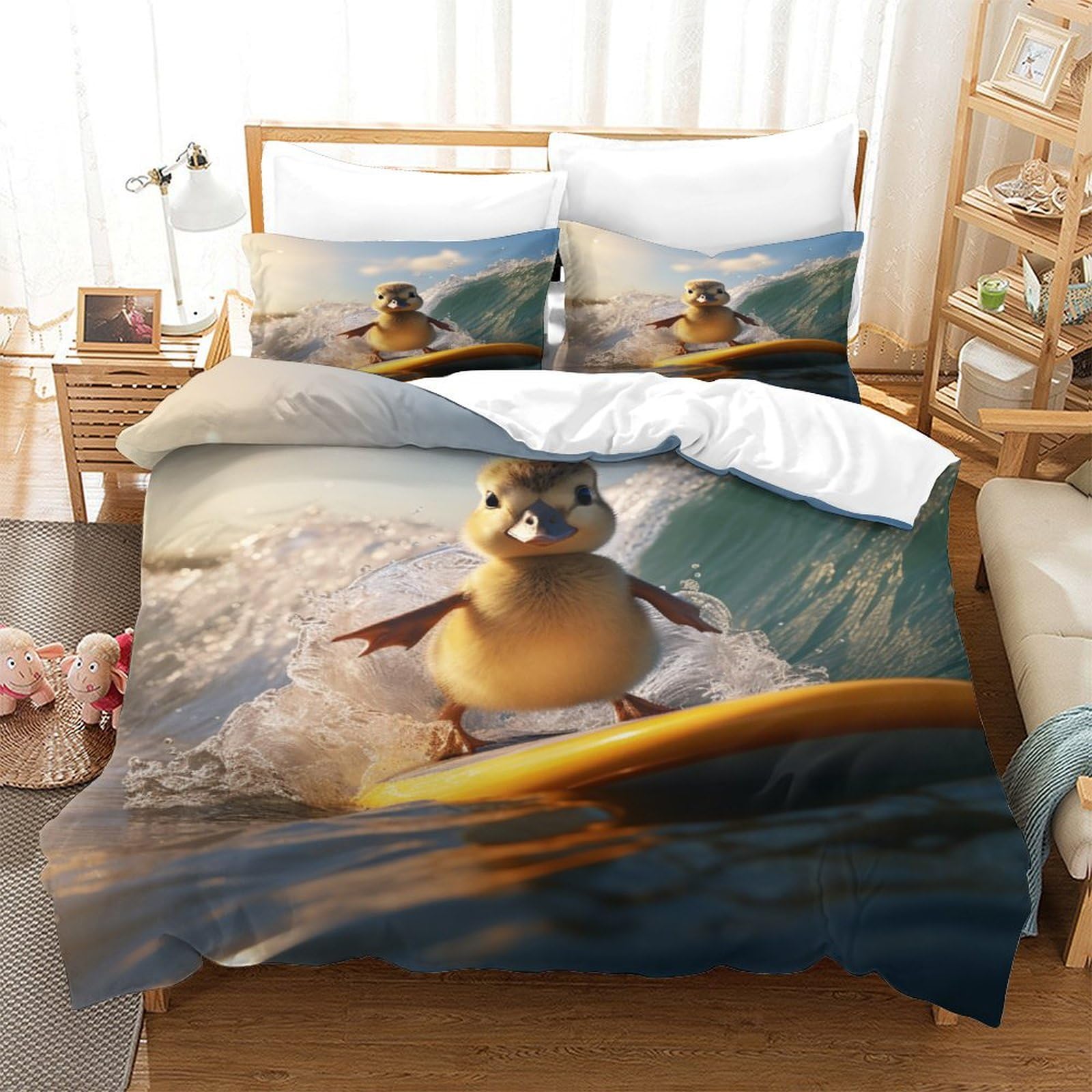 P1S9U7W5Y Playful Animal Surfing 3D Printed Duvet Cover Set 3 Pieces Microfiber Bedroom Decor Kids Teens Bedding Set Soft Breathable for Home Gift Double（200x200cm）