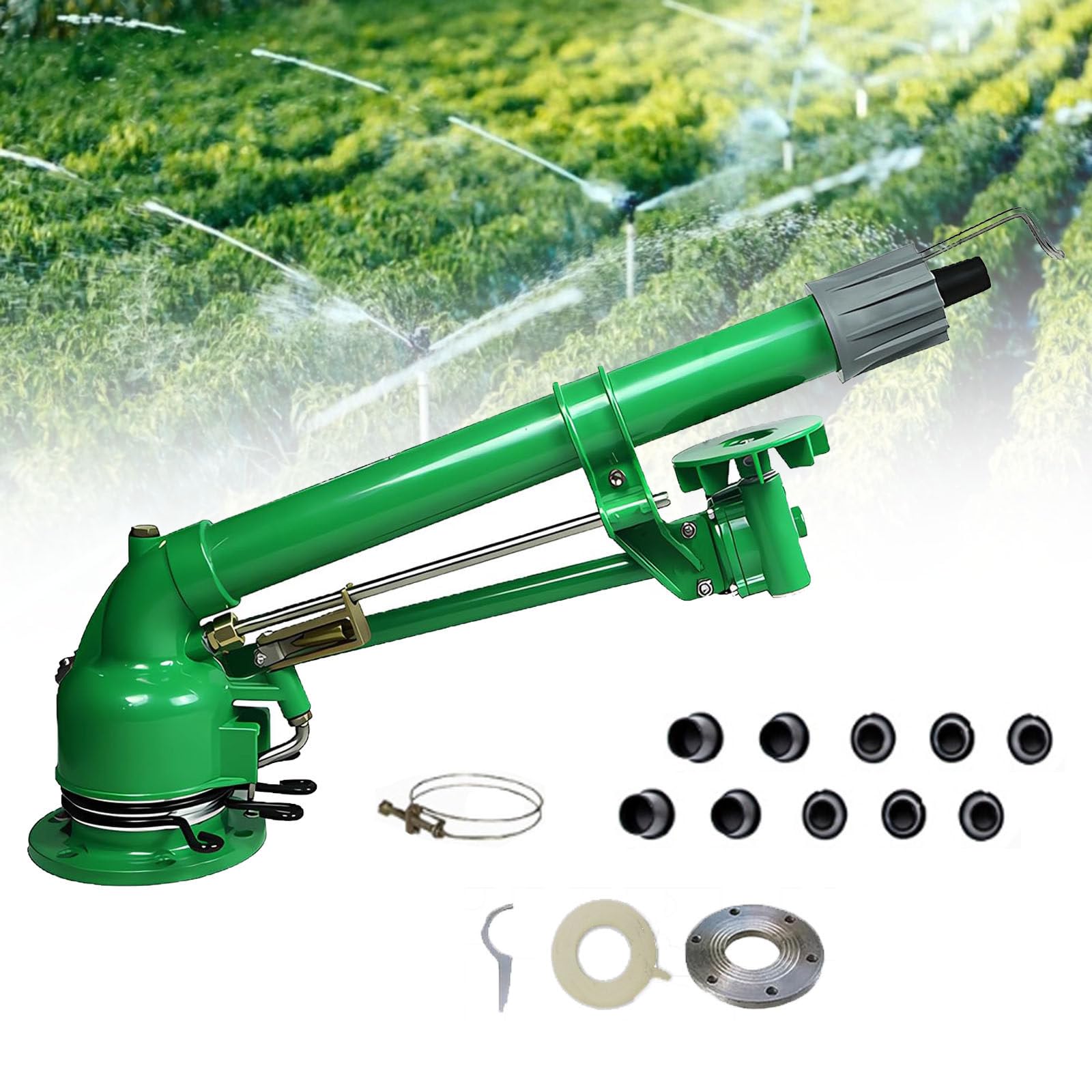 Aspersor giratorio automatizado para riego agrícola y control de polvo industrial