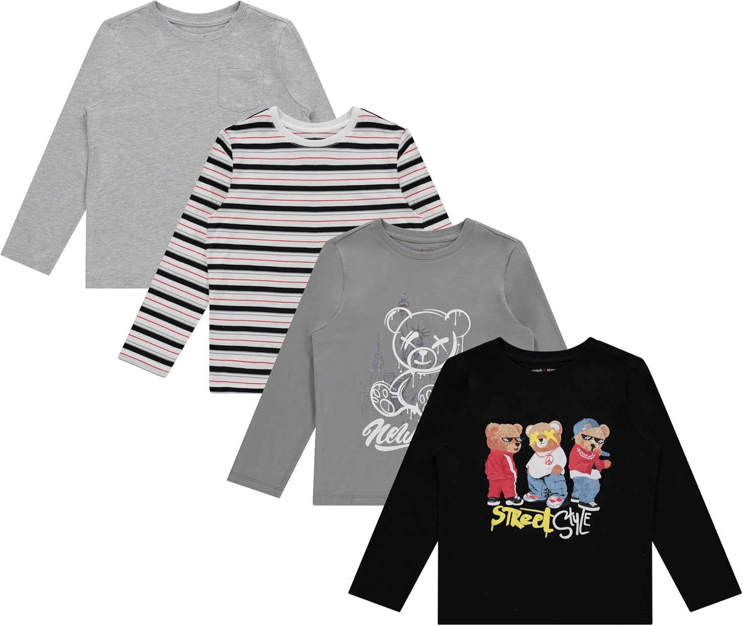 STITCH & STONE Boys 4 Pack Long Sleeve Graphic Tops, Stylish and Comfortable Tees for Kids