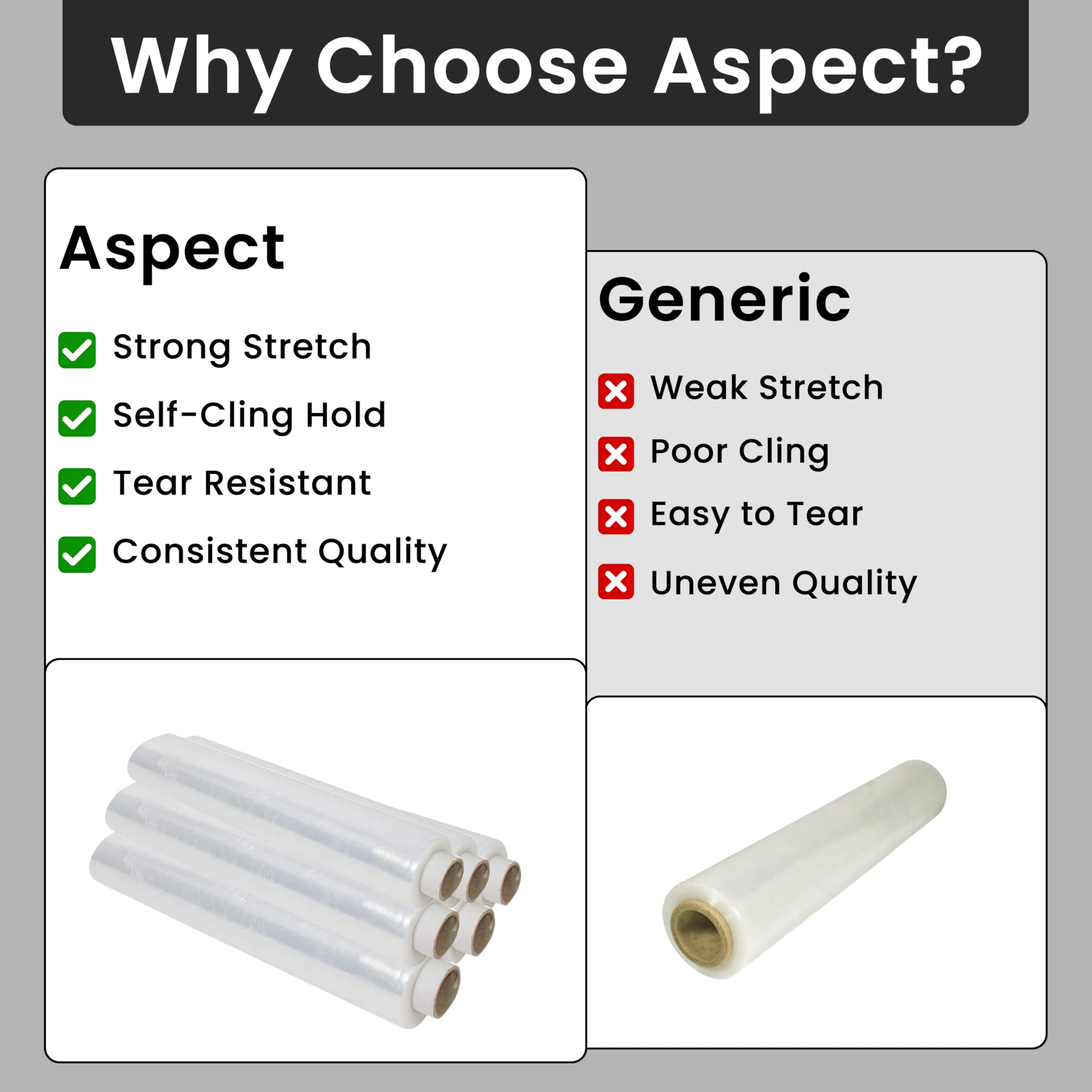 Aspect Pellicola trasparente per pallet, 400 mmx250 m, pellicola trasparente per imballaggio pacchi di alta qualità, spostare delicati, spostamento di oggetti pesanti (confezione da 6)