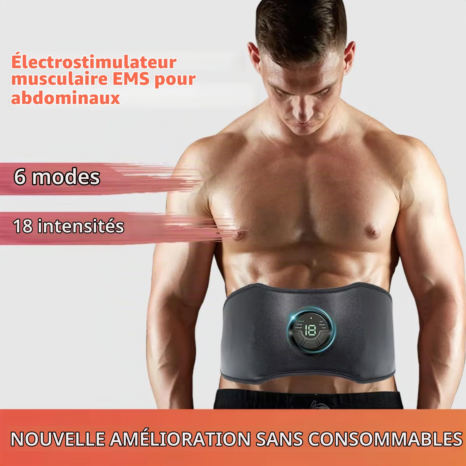Ceinture d'électrostimulation musculaire EMS pour abdominaux et ceinture abdominale | 6 modes, 18 niveaux d'intensité, ceinture abdominale réglable de 118 cm | Appareil de fitness rechargeable par USB
