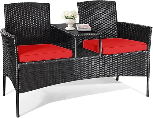 LDAILY Juego de conversación para patio, sofá biplaza de ratán moderno, juego de muebles para exteriores con cojines y mesa extraíbles, juego de