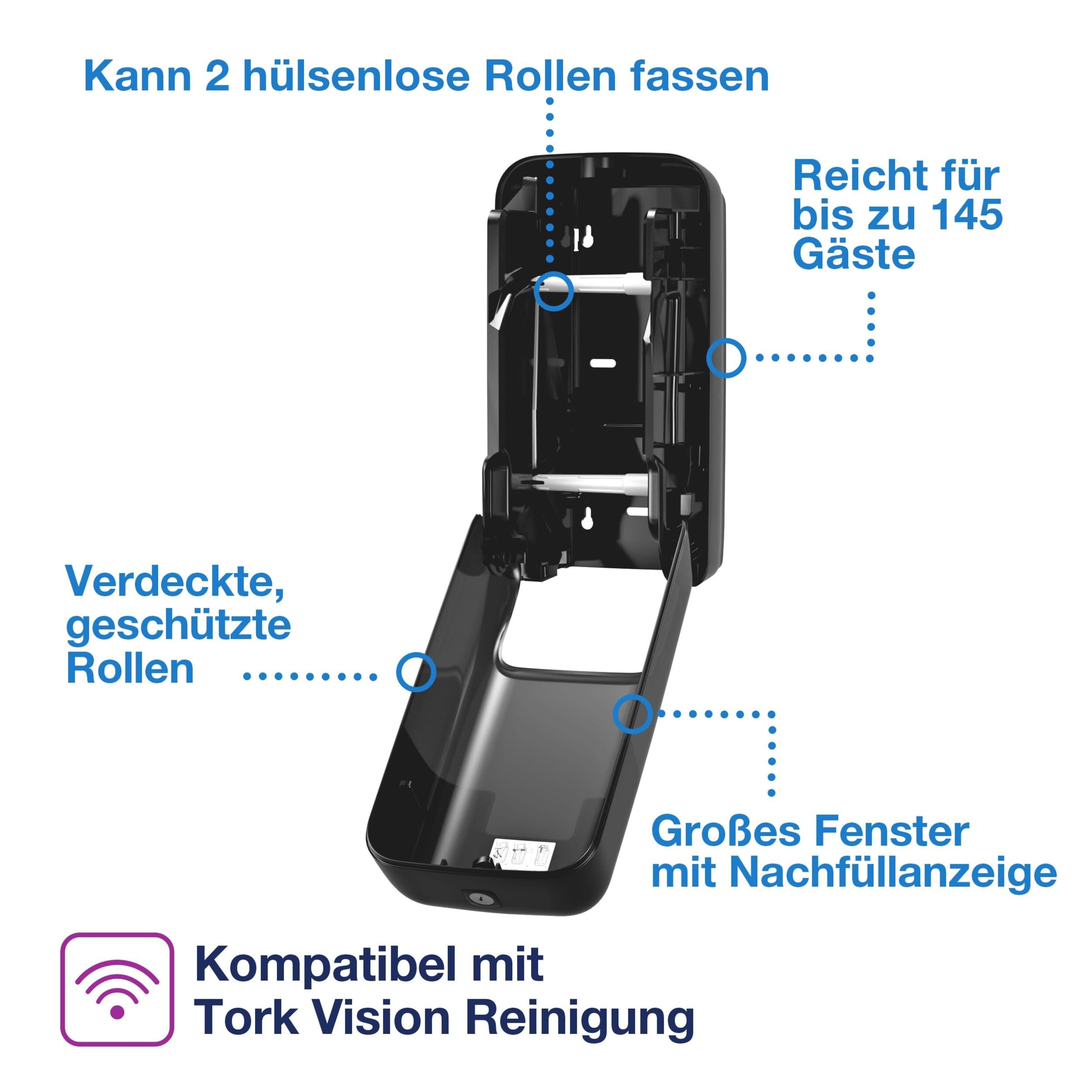 Tork OptiServe Doppelrollenspender für Hülsenloses Toilettenpapier Schwarz T7, vertikaler Toilettenrollenspender, Elevation Design, 558042