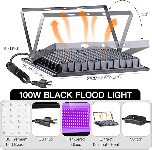 Miniatura 4 de SHGPODA Paquete de 2 luces LED negras de 150 W con enchufe e interruptor (cable de 10 pies), IP66 impermeable 385-400 nm, reflector morado para