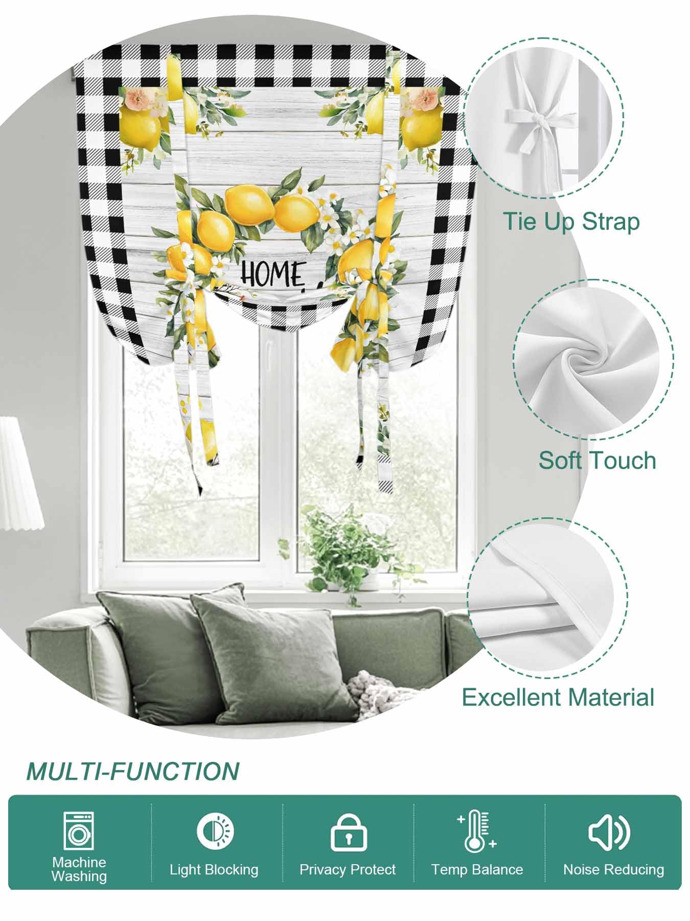 Tie Up Curtains for Windows Yellow Lemon Roman Shade 42 x 45 Inch Bathroom Curtains Window Farmhouse Black Buffalo Plaid Grey Wooden Rod Pocket Short Balloon Curtains for Living Room Kitchen Blinds