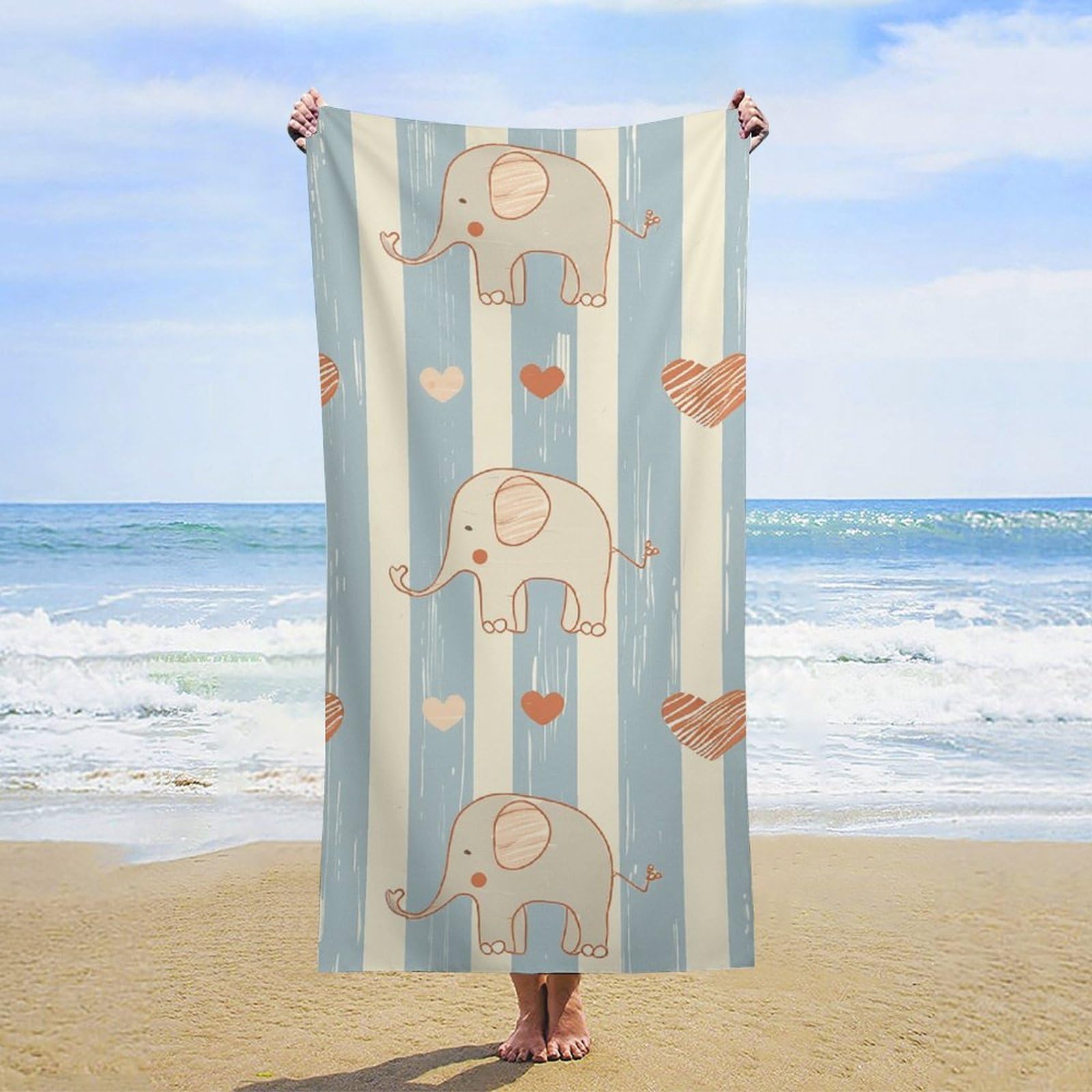 NTVOWPZO Stripes and Elephants Beach Towel Oversized Microfiber Bath Towels Lightweight Sand Proof Beach Towels Absorbent Pool Towels for Swimming Yoga Bathroom Towel 31.5" X 63"