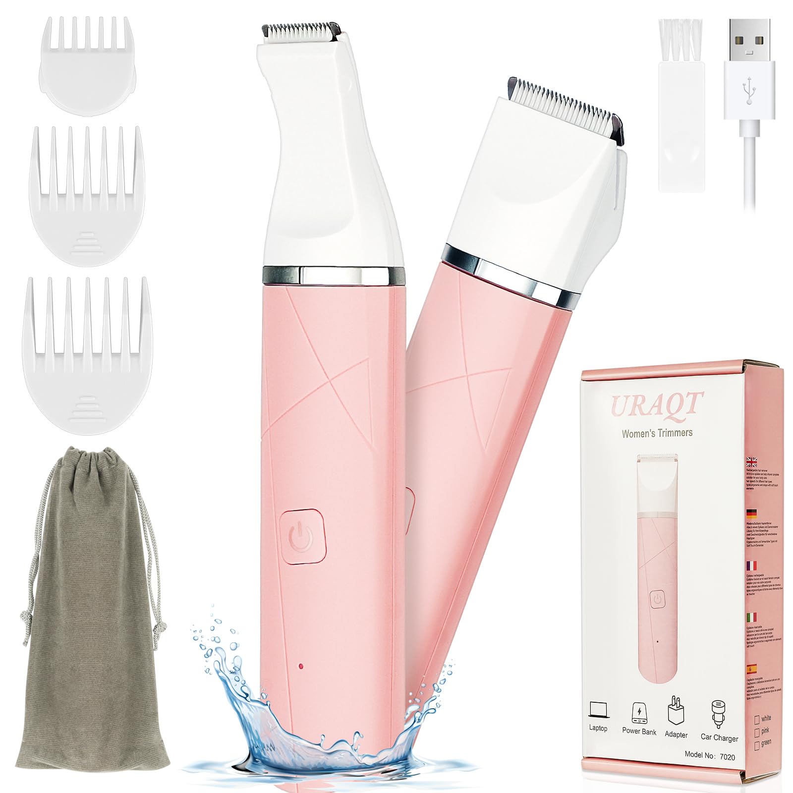 URAQT Depiladora Facial Mujer, 2 en 1 Depiladora Eléctrica con 2 Cabezal de Repuesto, Afeitadora Impermeable de Bikini Cabello para Zona Íntima Recortadora Cara Nariz Labio Cuerpo