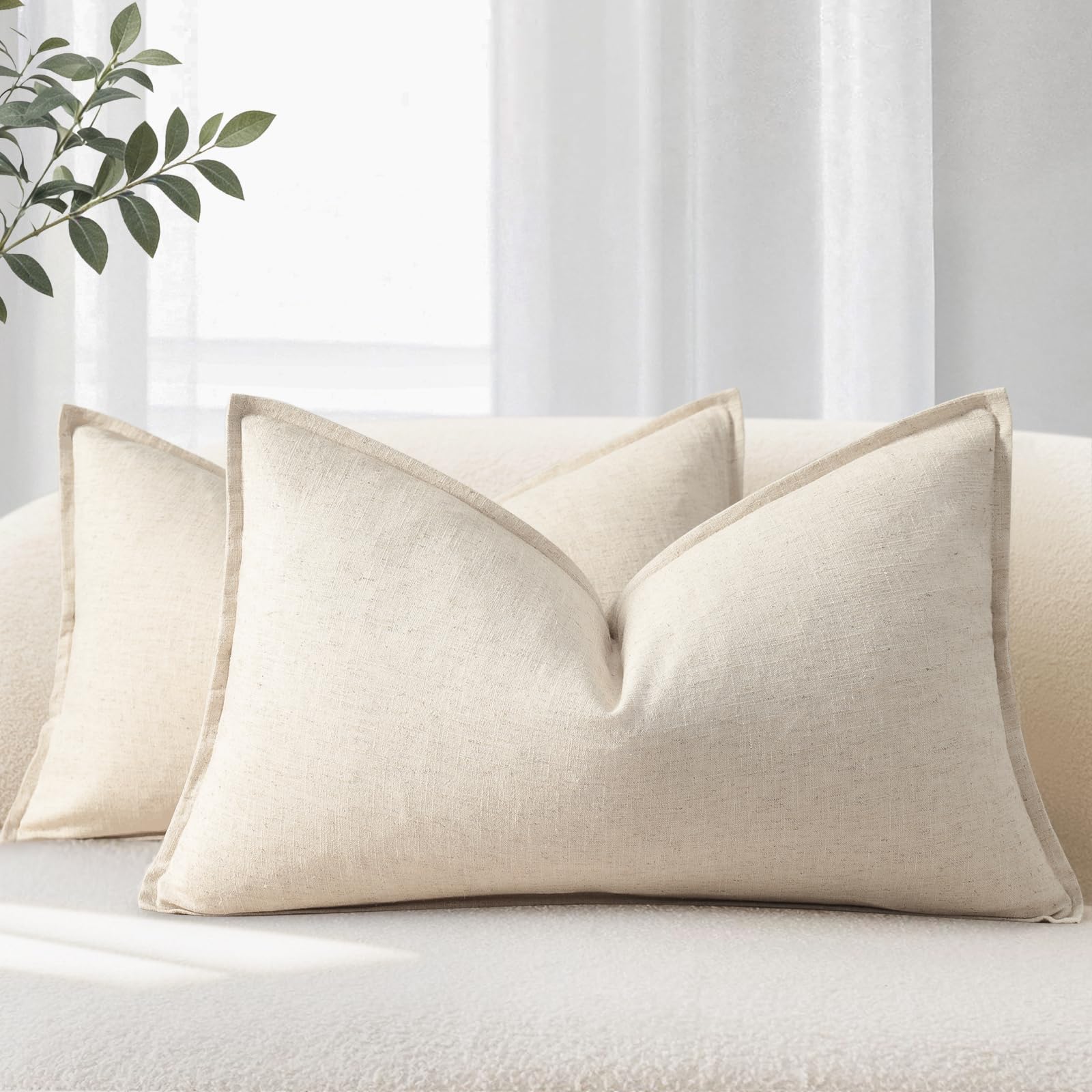 YCOLL Cushion Covers 40x60 cm Set of 2 – Soft Natural Linen Cushions with Trim, Solid Colour Decorative Cushion Cover for Sofa, Couch, Bed and Living Room, Beige
