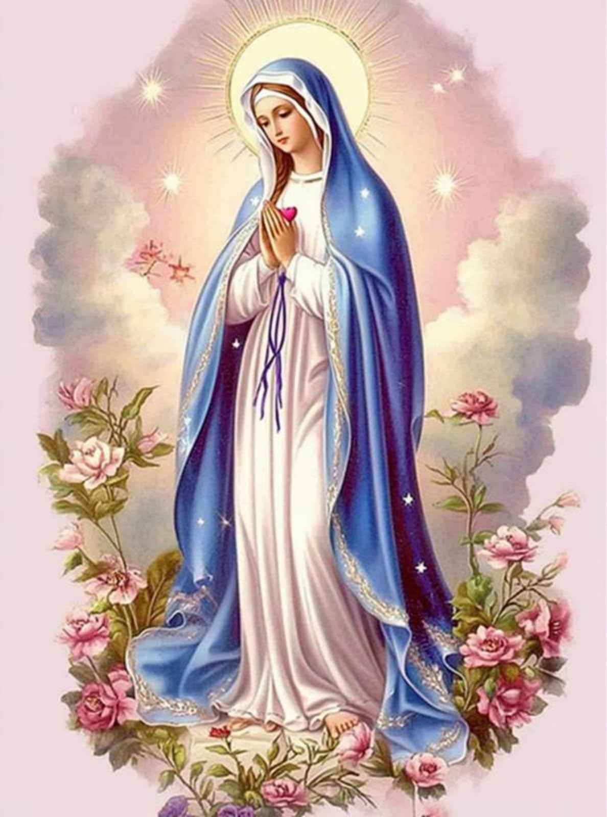 Round Full Drill Diamond Painting Kit, 5D DIY Virgin Mary Prayer Paint with Diamonds God Flower Diamond Painting with Gem for Adult Rhinestone Diamond Art Room Decor (12X16 inches)