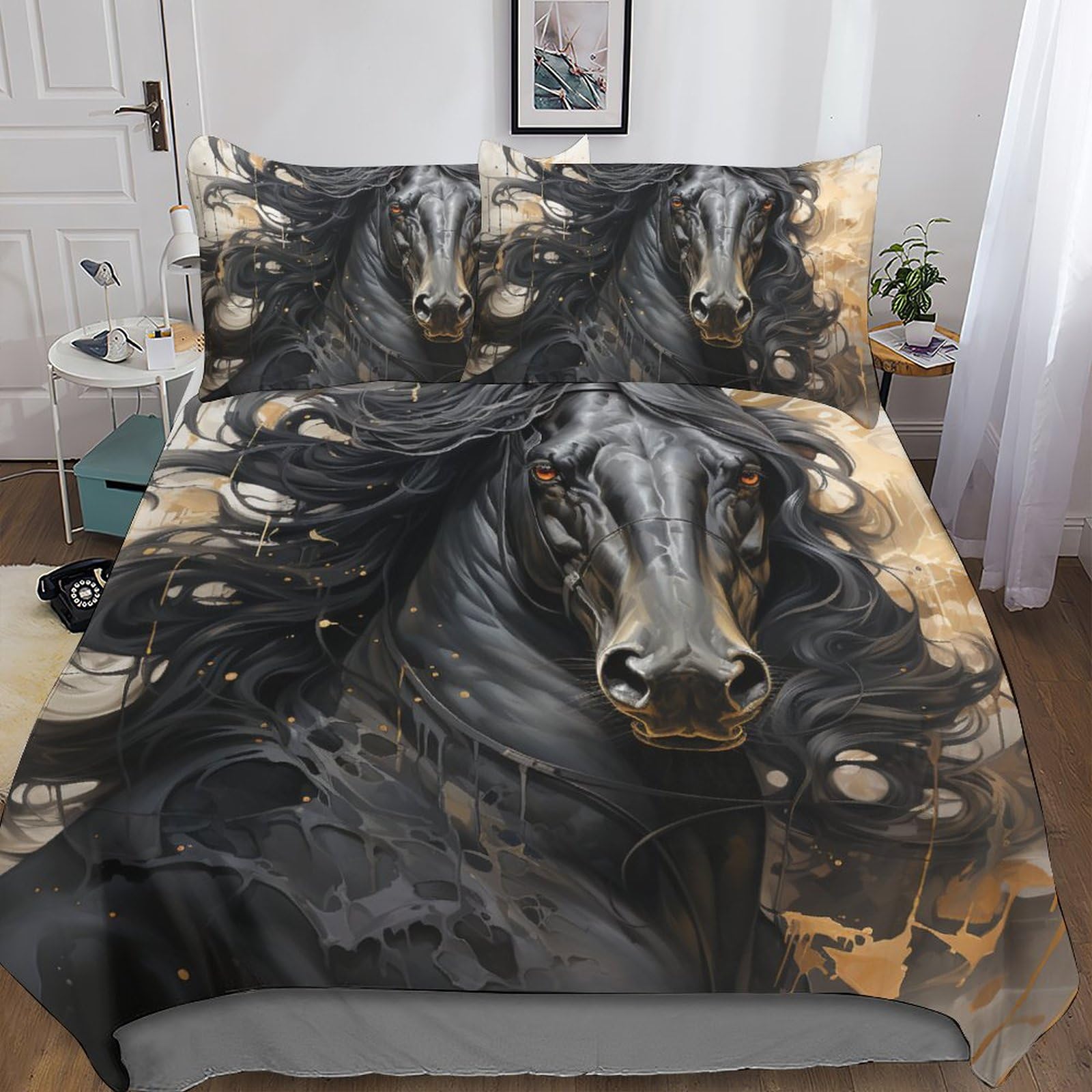 Housse de couette cheval noir parure lit impression 3D