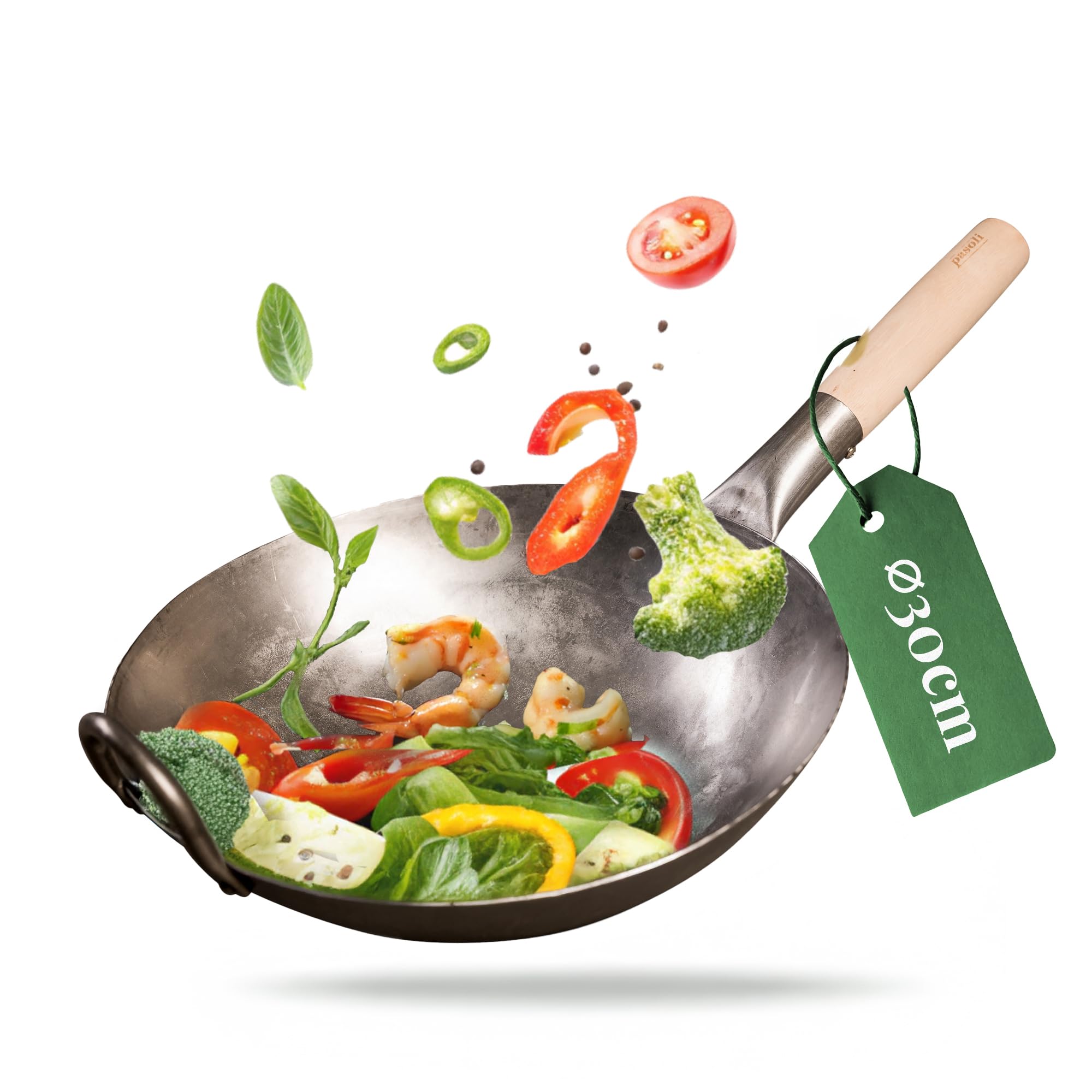 pasoli Wok traditionnel | Fond plat | Pour cuisinière (y compris induction) | 30 cm de diamètre | en acier au carbone martelé à la main | Poignée en bois | Revêtement anti-adhésif naturel