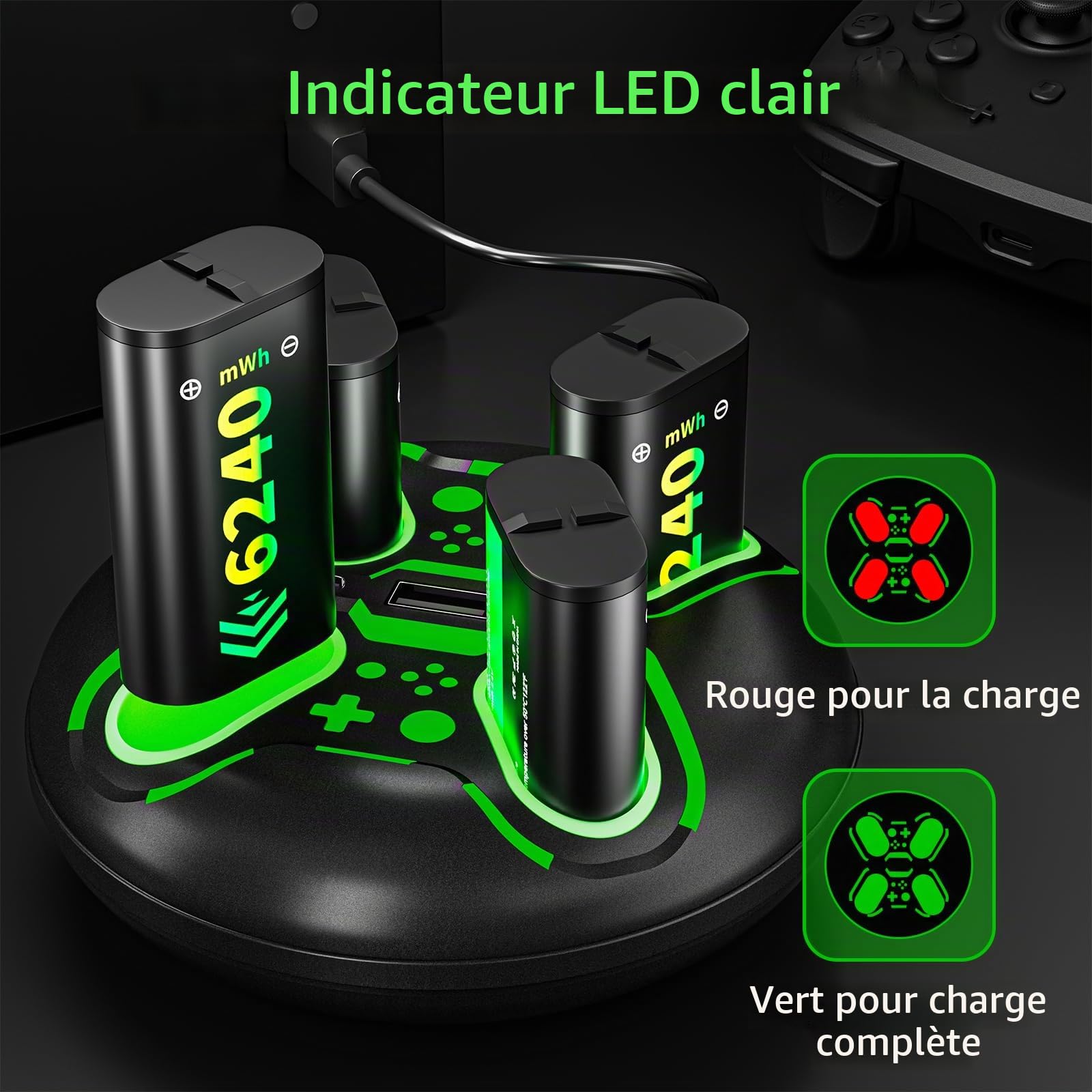 Chargeur pour Manette Xbox avec 4 Batteries 6240 mWh, Station de Charge Rapide avec Affichage LED, Compatible avec Xbox Series X|S, Xbox One S/X/Elite - Noir