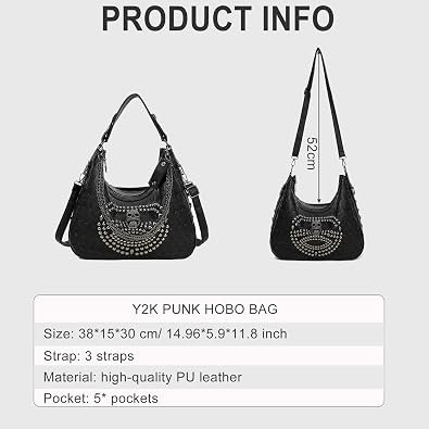 Y2K Punk Shoulder Bag for Women, Black Gothic Hobo Bag Large Capacity Crossbody Handbag with Skull and Rivets for Work, Shopping & Daily Use