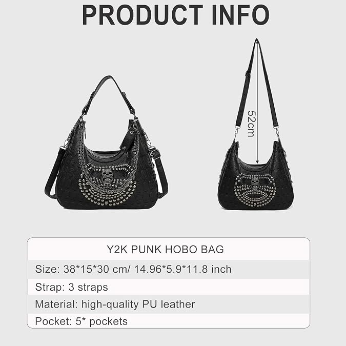 Y2K Punk Shoulder Bag for Women, Black Gothic Hobo Bag Large Capacity Crossbody Handbag with Skull and Rivets for Work, Shopping & Daily Use