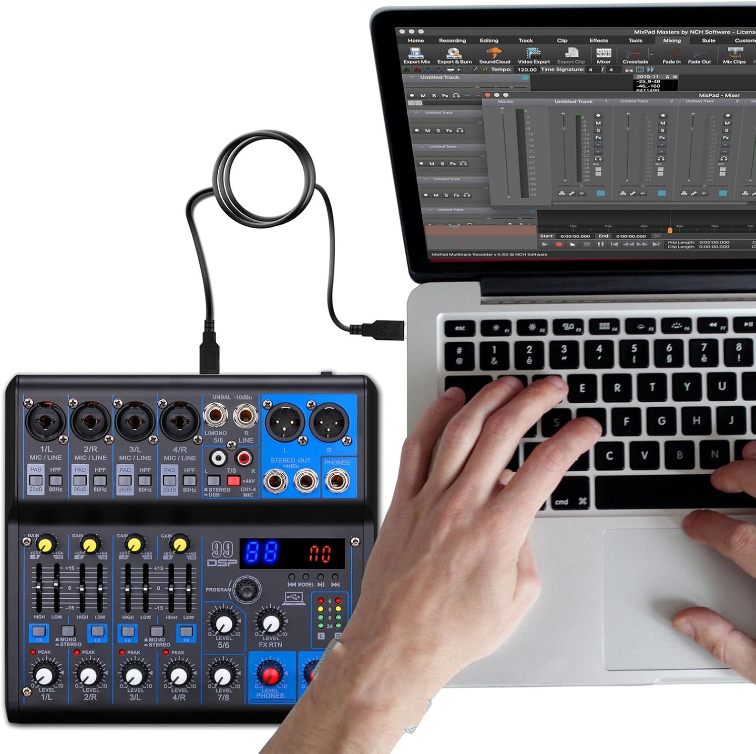 Professional Audio Mixer, 8 Channel Digital USB Bluetooth MP3 Computer Audio Mixer Sound Board Console, 99 DSP Effects, for Recording, Live Streaming, Podcasting (US Plug)