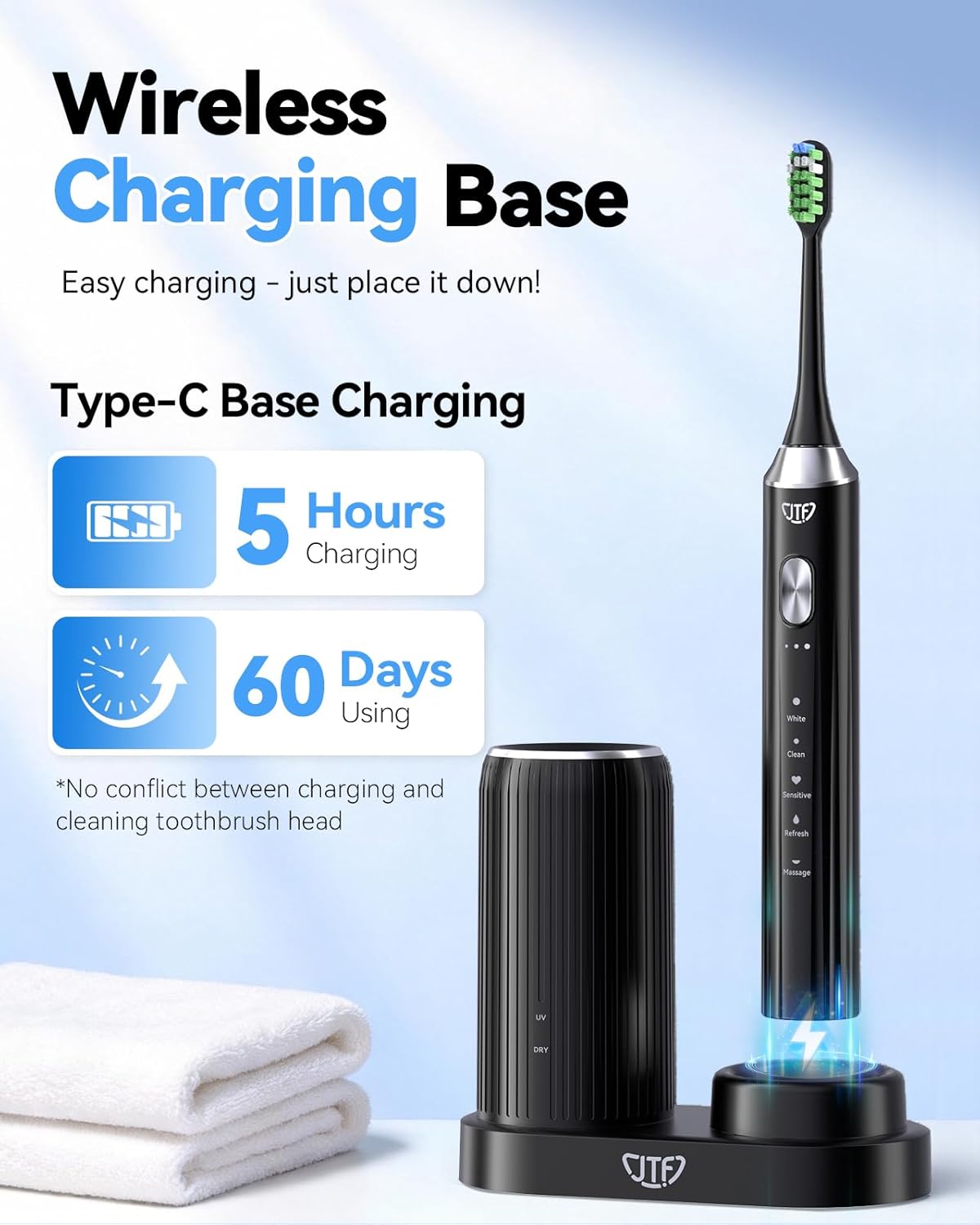 JTF Sonic Electric Toothbrush with UV Sanitizing & Drying: 5 Modes for Effective Yet Gentle Cleaning – with 6 Brush Heads, Rinse Cup, Wireless Charging Base, Rechargeable for Daily Care, Home & Travel
