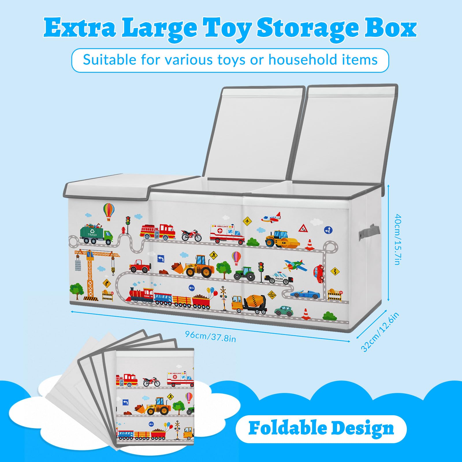 Extra Groß Aufbewahrungsbox mit Deckel Kinder, Zusammenklappbare Oxford-Spielzeugkiste mit Griff für Mädchen Jungen, Wasserdichte Spielzeug Aufbewahrung im Kinderzimmer, 96×32×40 cm (Straßenfahrzeuge)