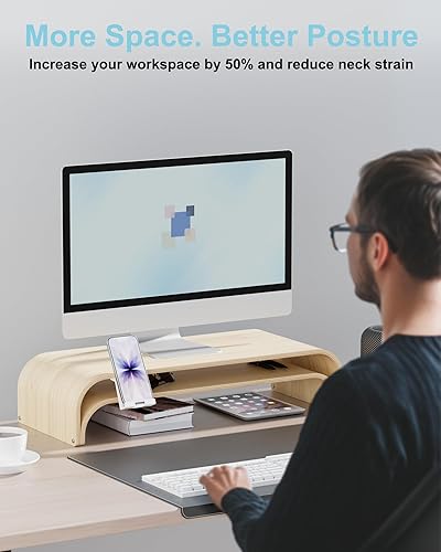 Miniatura 5 de Soporte elevador de 2 niveles de madera maciza para monitor doble, organizador de escritorio de 24.1 pulgadas con soporte para teléfono, soporte