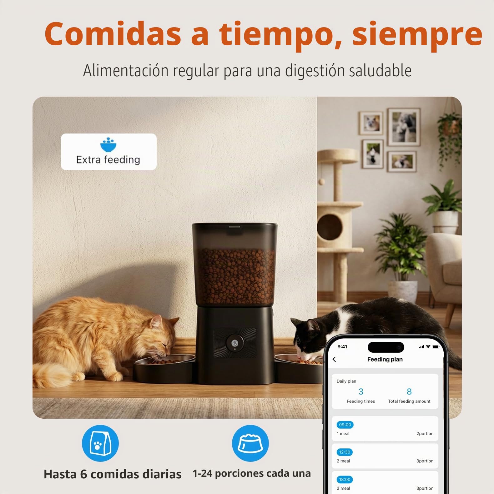 HoneyGuaridan Comedero Gato Automatico Doble, 5 G/2.4 G WiFi Dispensador Comida Gatos Perros, Comedero Gato Automatico 2 Tazones, Control App, Acero Inoxidable, Grabadora de Voz