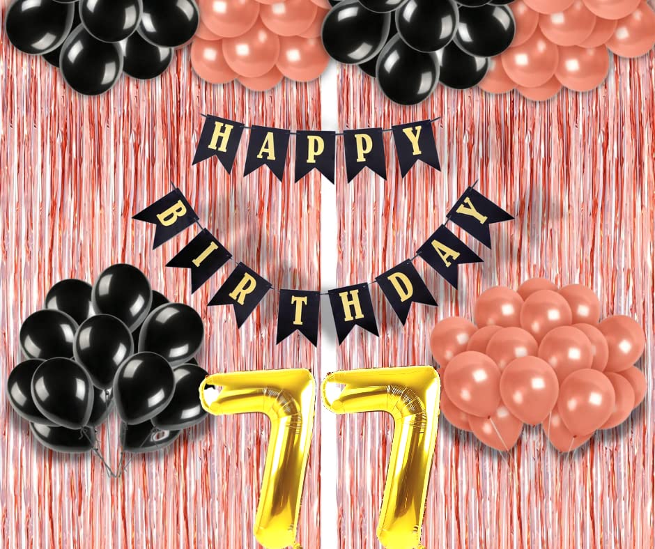 Image of 77th Birthday Decoration items for Girls with Black and Rose Gold Balloons, Black Happy Birthday Banner, Rose Gold Foil Curtain, Foil Balloon number 77