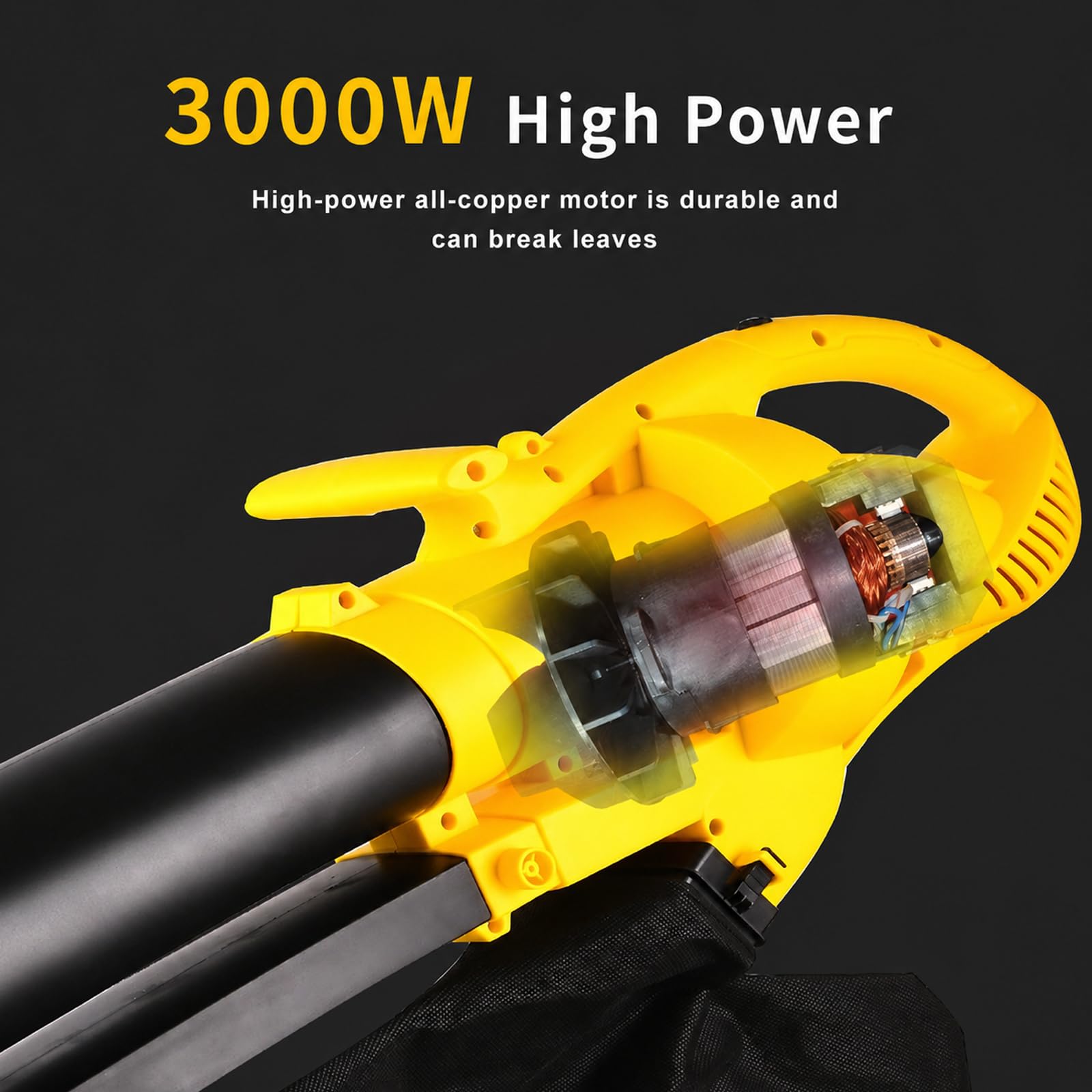 Soplador Eléctrico 3000 W, Aspirador de Jardín 270 km/h con Bolsa de 35 L | 6 Velocidades, Cambio Soplado/Aspiración con un Toque, Ruedas Guía y Tubo Desmontable para Residuos de Jardín