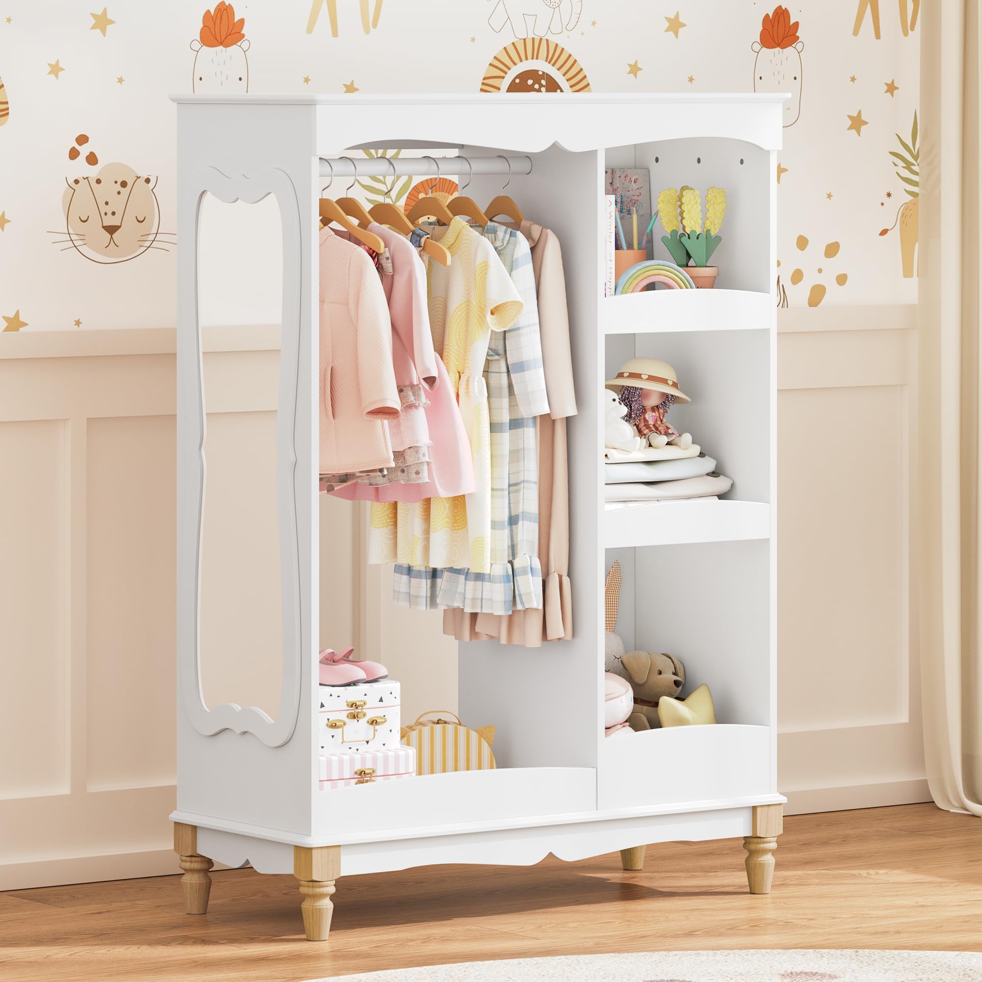 Curipeer Kids Dress Up Storage with Flower Mirror & Wood Legs, Open Hanging Closet Wardrobe for Children, Kids Armoire & Costume Organizer for Bedroom Playroom Preschools Classroom, White