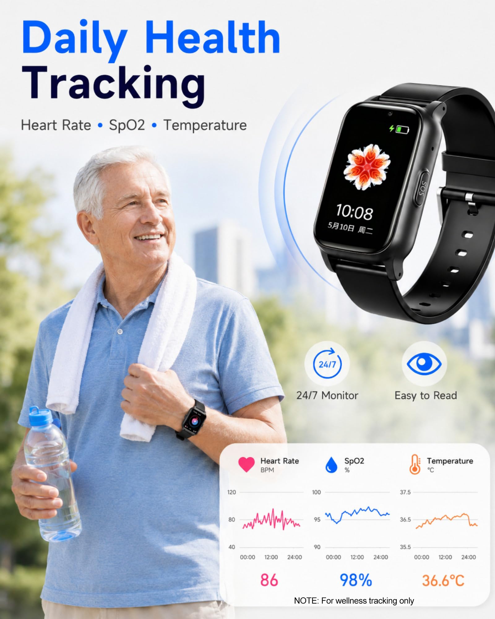 Localizzatore GPS Anziani con Smartwatch 4G, Scheda SIM, SOS, Chiamata Emergenza, Rilevamento Caduta, Promemoria Personalizzati Black