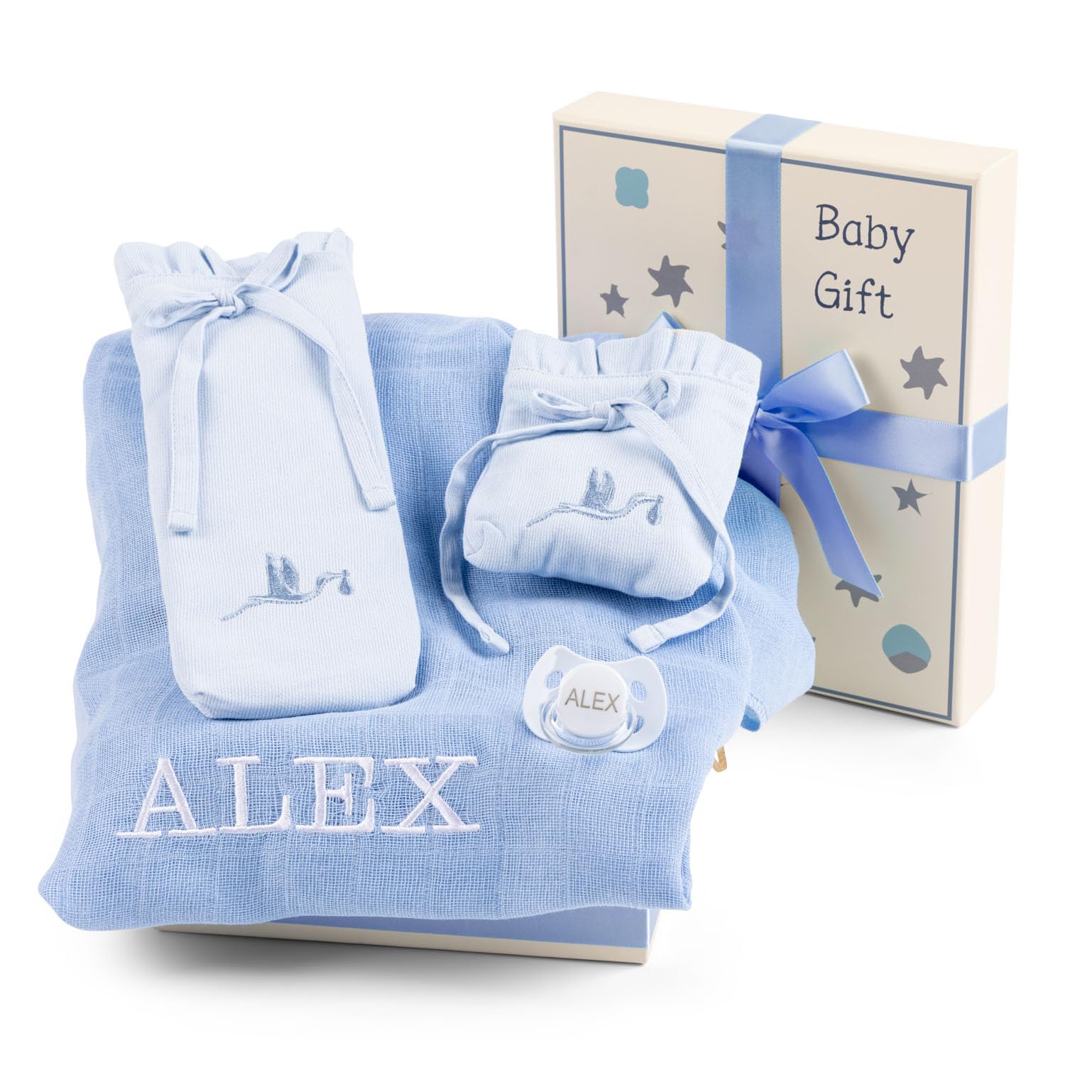 Geschenk für Neugeborene Jungen und Mädchen mit Musselintuch, Schnuller und Etui, ideales Körbchen für praktische Details, personalisiertes Körbchen (Blau)