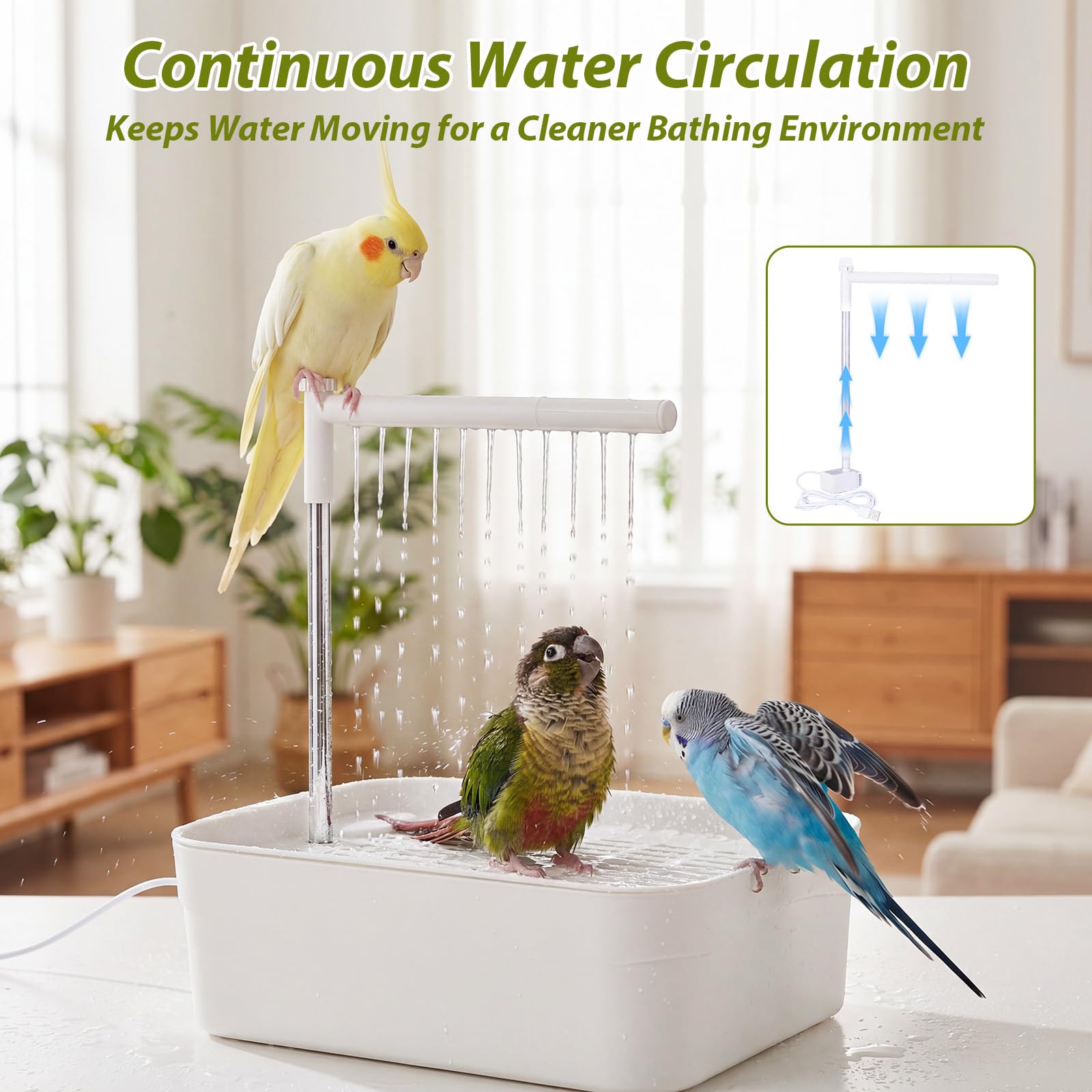 Vogeldusche Wellensittiche, Automatische Vogelbad mit USB Pumpe, Leise Vogel Dusche mit Wasserfall, Vogelbadewanne für Sittiche, Nymphensittiche und kleine Papageien