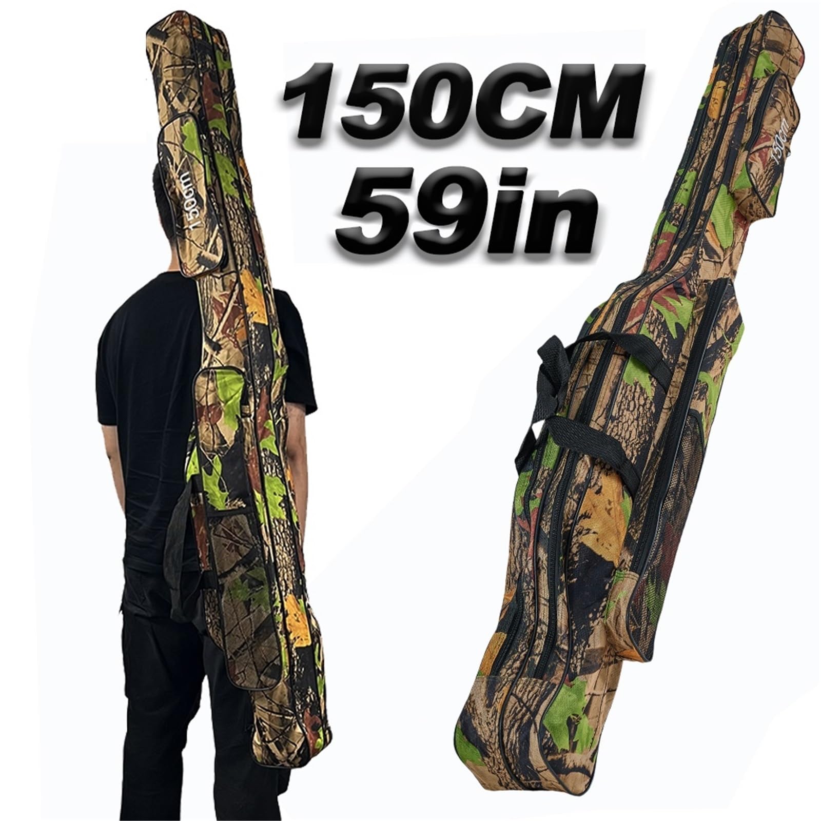 Angelruten-Tasche 150 cm wasserdichte 2-lagige Angelrutentasche – faltbar, Schulter-/Handtragemöglichkeit, Seitentaschen, strapazierfähiges Polyester for einfachen Transport