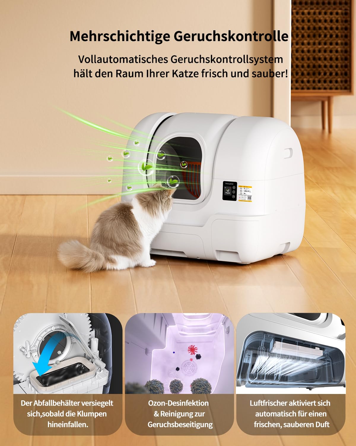 Selbstreinigendes Katzenklo, 68L automatische Katzentoilette mit App, EIN-klick-Reinigen, Geruchsstop, Sandauffüllung, Beutelwechsel, Radar-TOF-Gewichts-Sicherheitssensoren