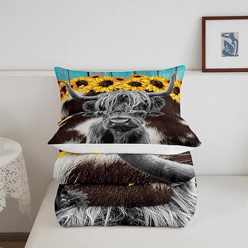 Miniatura 5 de Juego de ropa de cama de vaca de las Highland, edredón con estampado de piel de vaca marrón para niños y niñas, edredón de girasoles en 3D,