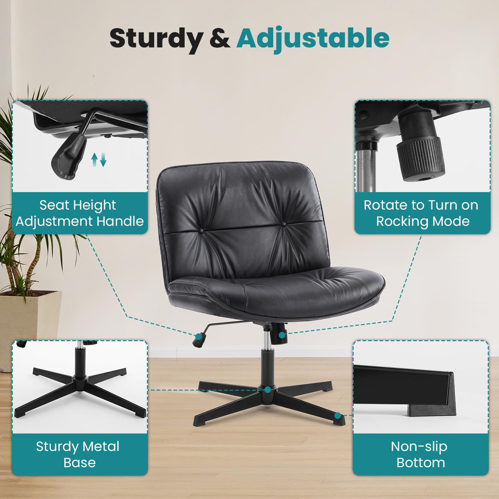 OLIXIS Criss Cross Leg Chair - PU Leather, Adjustable Height, 360 Swivel, No Wheels