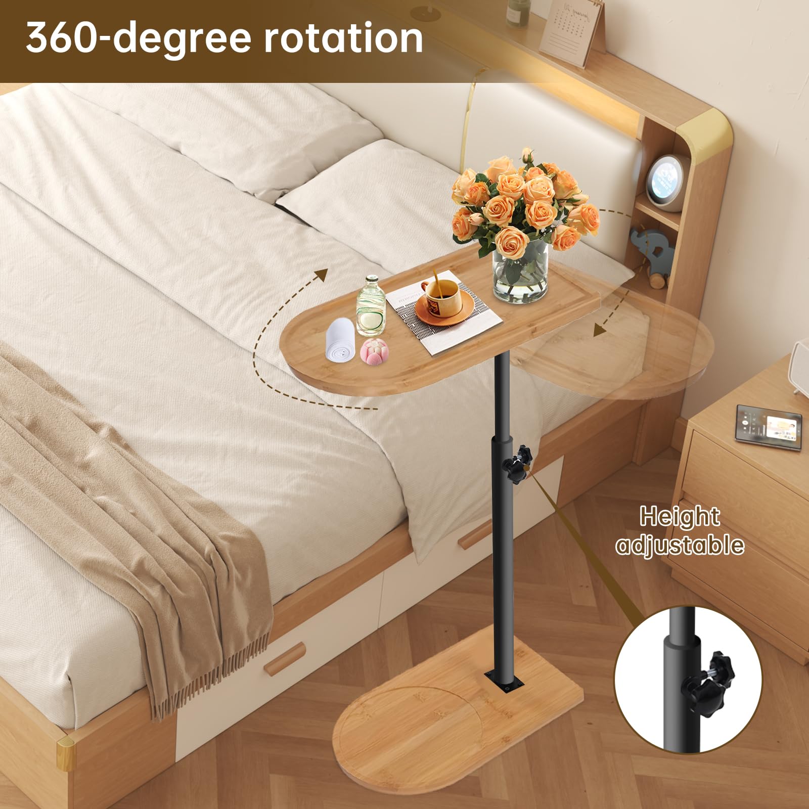 Stolik pomocniczy, z regulacją wysokości, kawowy, mały, przenośny, obracany o 360°, do salonu, na balkon, do wanny
