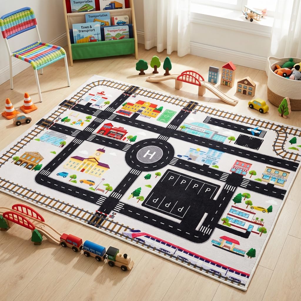 Faux Wool Car Rug Play Mat for Kids Toy Cars, 5'x7' Road Rug Train Track Playmat Educational City Map Washable Carpet for Boy Playroom Bedroom Nursery, Non Slip Kids Area Rug for Children Toddler
