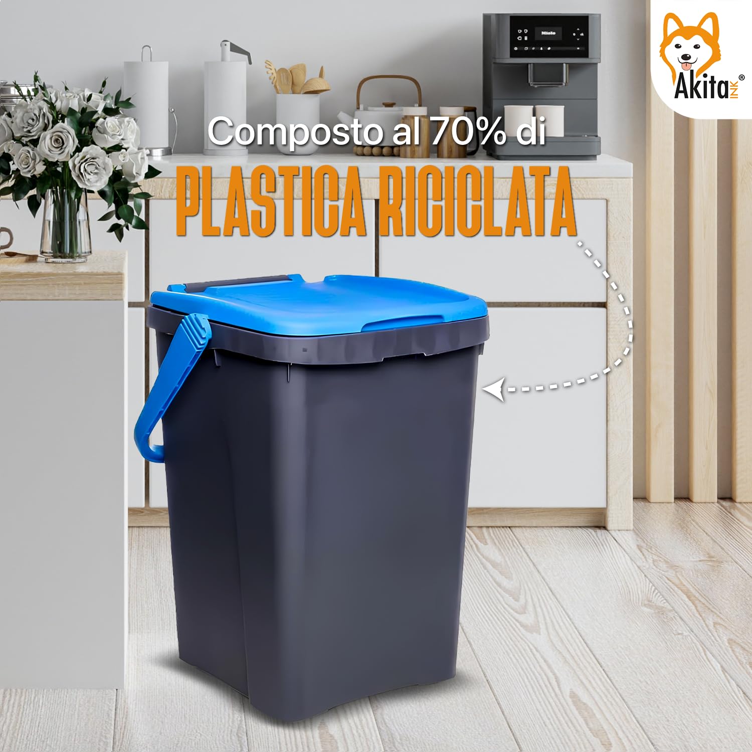 AKITAInk Set 3 Pattumiere AKIPATFOLK da 50L Cad. Totale 150L - Bidoni Differenziata in Plastica Riciclata, Made in Italy, con Manico Antirandagismo e Doppia Apertura per Interni ed Esterni