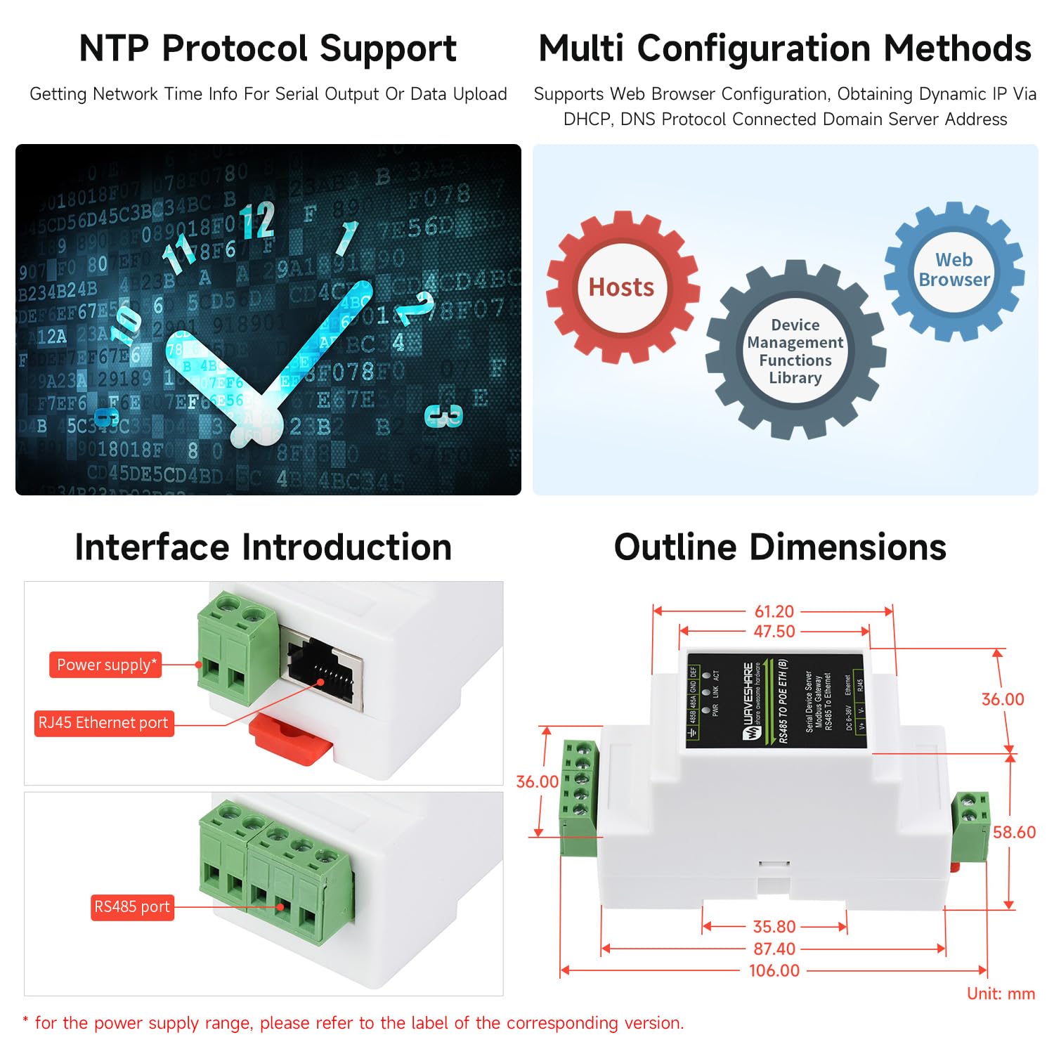 Wveshare Industrial Serial Server Isolation RS485 to RJ45 Ethernet Module TCP/IP to Serial Module Rail-Mount Support, Serial Server Modbus Gateway