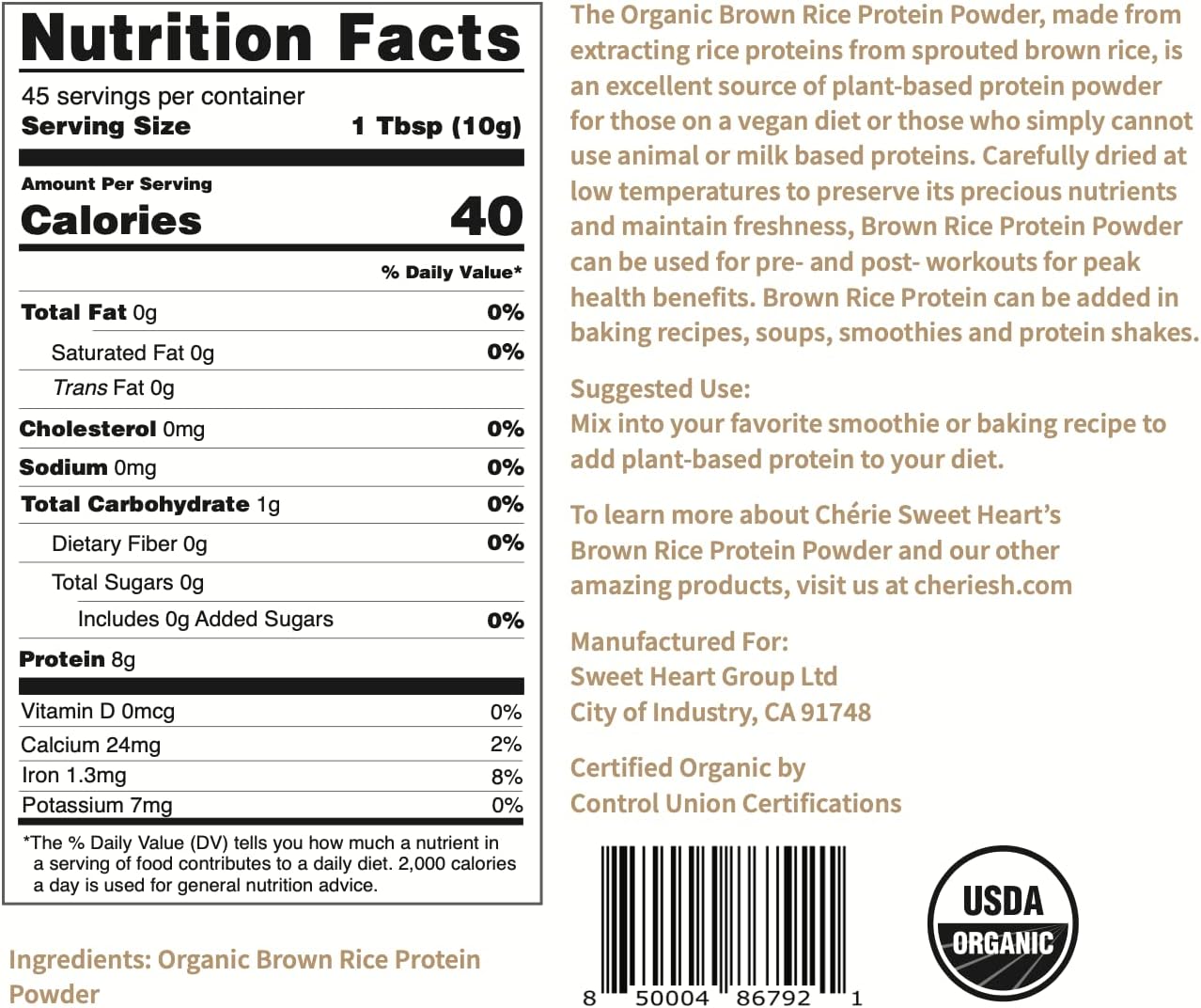 Cherie Sweet Heart Organic Brown Rice Protein Powder 1 lb, 100% Non-GMO, Dairy-Free, Keto-Friendly, Gluten-Free, Soy-Free, Plant-Based Protein : Health & Household