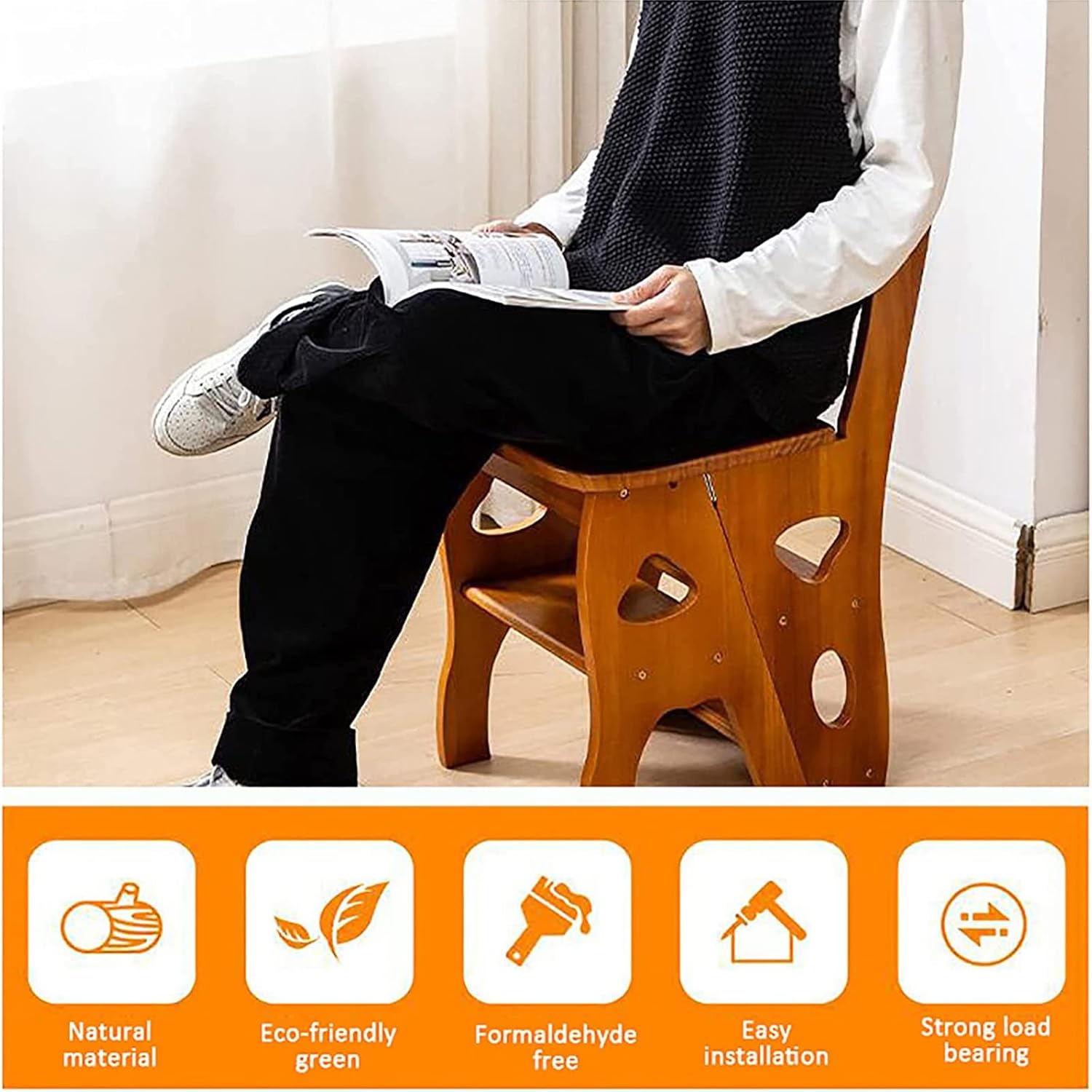 Solid Wood Folding Ladder Chair,Library Ladder,Kitchen Step Stool Chair,Wooden Step Ladders,Retro Counter Chair with Seat,2 in 1 Ladder Chair Display Stand for Office Home Kitchen