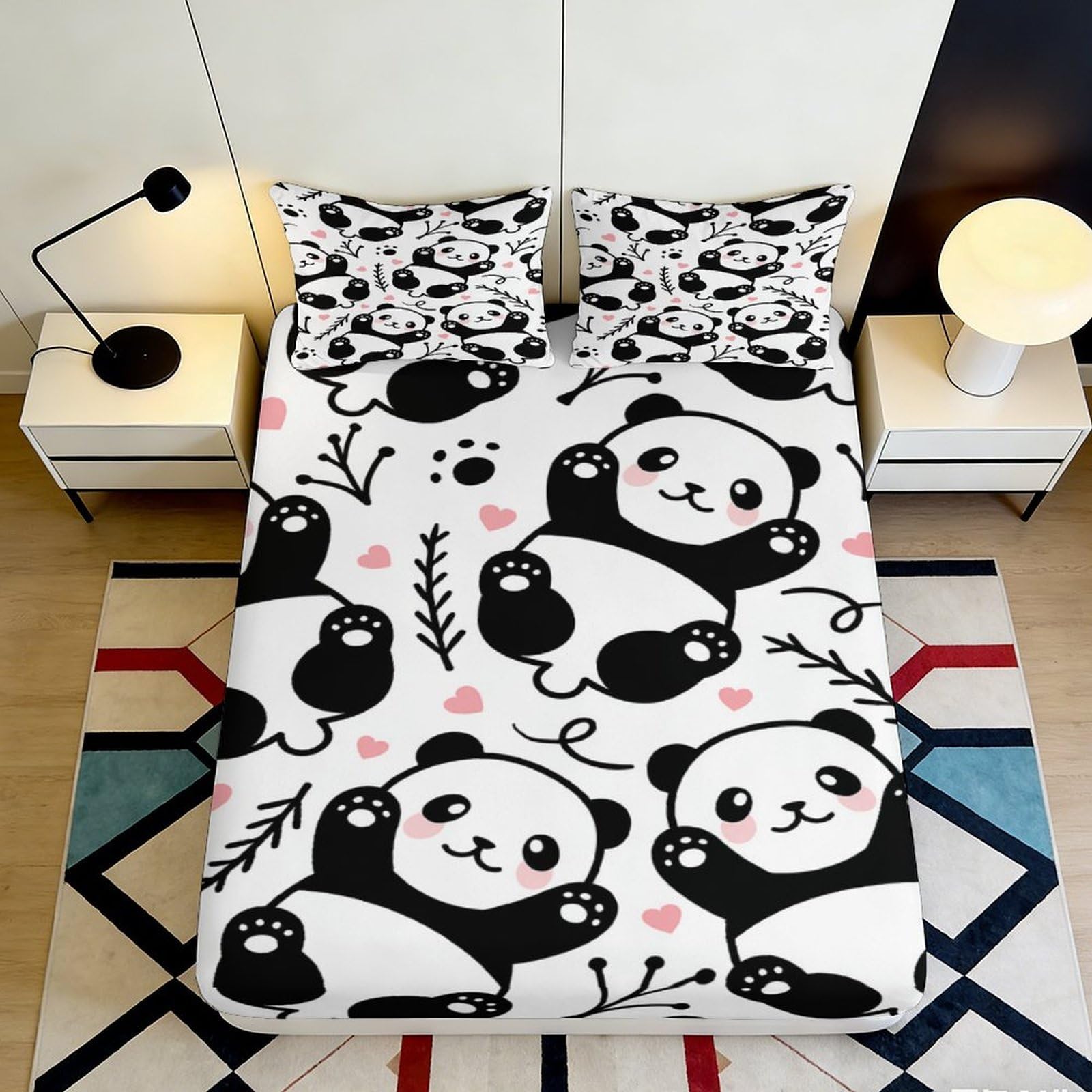 3D Printed Cute Panda Fitted Sheet Microfiber Soft Black White Cartoon Mattress Cover for Bedroom Dorm Decor 140x200x25cm
