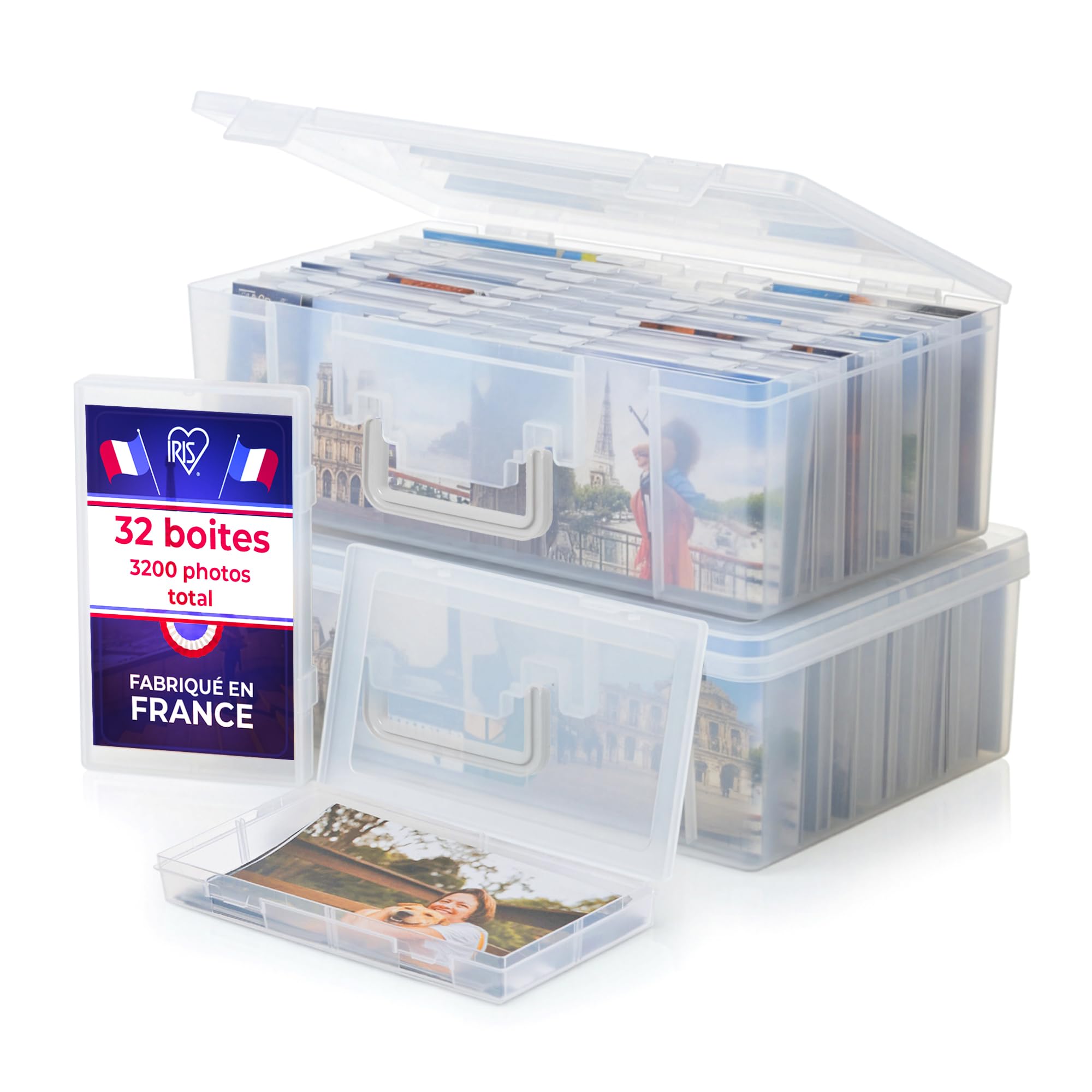 Iris Ohyama, 2er-Set Fotobox mit 16 Innenboxen jeweils, Fassungsvermögen 2560 Fotos (80 per Innerbox), Stapelbar mit Griff und sicherem Verschluss, BPA-frei, Fotobox Aufbewahrungsbox, KP-XLPHO16