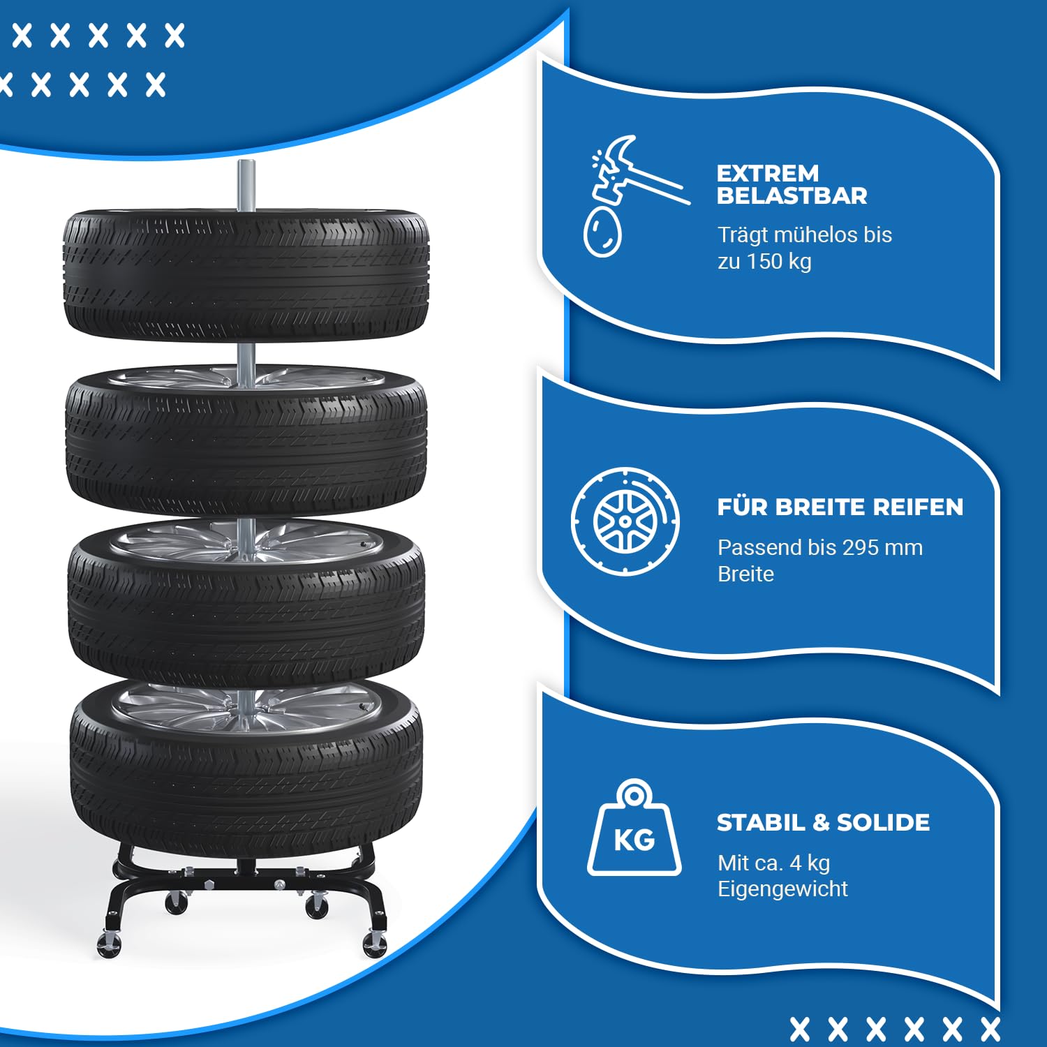 Felgenbaum XL fahrbar für Autoreifen bis 295mm – Reifenständer belastbar bis 150kg inkl. Reifen Markierer – Reifenbaum mit Rollen & Feststeller – Felgenständer für 4 Reifen/Felgen 16-24 Zoll